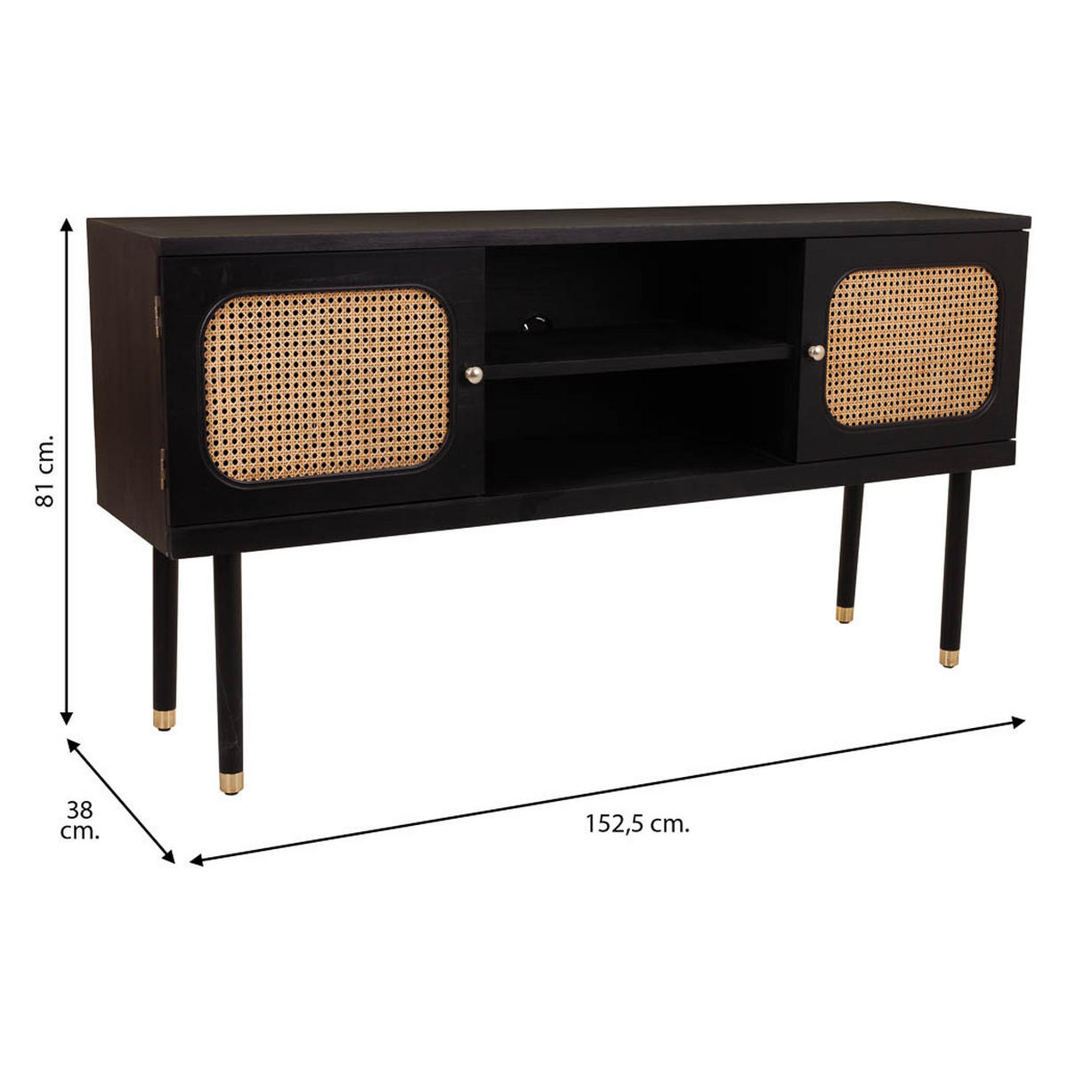 SIDEBOARD aus Holz und Bambusgitter mit zwei Türen, schwarz, 153x38x81 cm - Schwarz, Holz (152.5/81/38cm) - Wanderlust