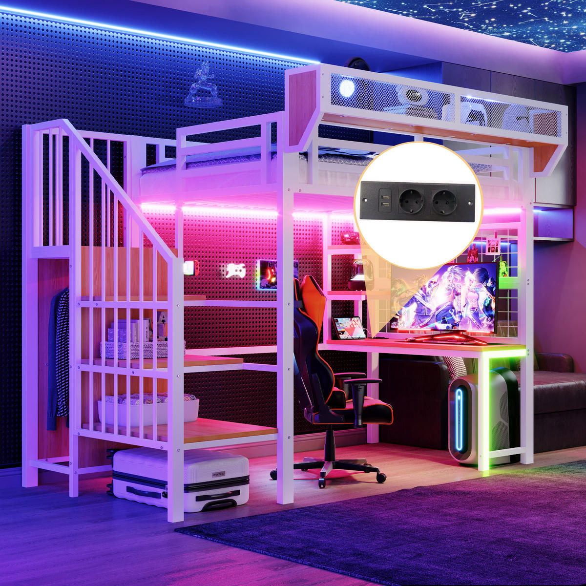 HOCHBETT 90/200 cm in Weiß mit Schreibtisch, Regal, LED und Steckdose - Weiß, Holzwerkstoff/Metall (90/200cm) - WISHDOR
