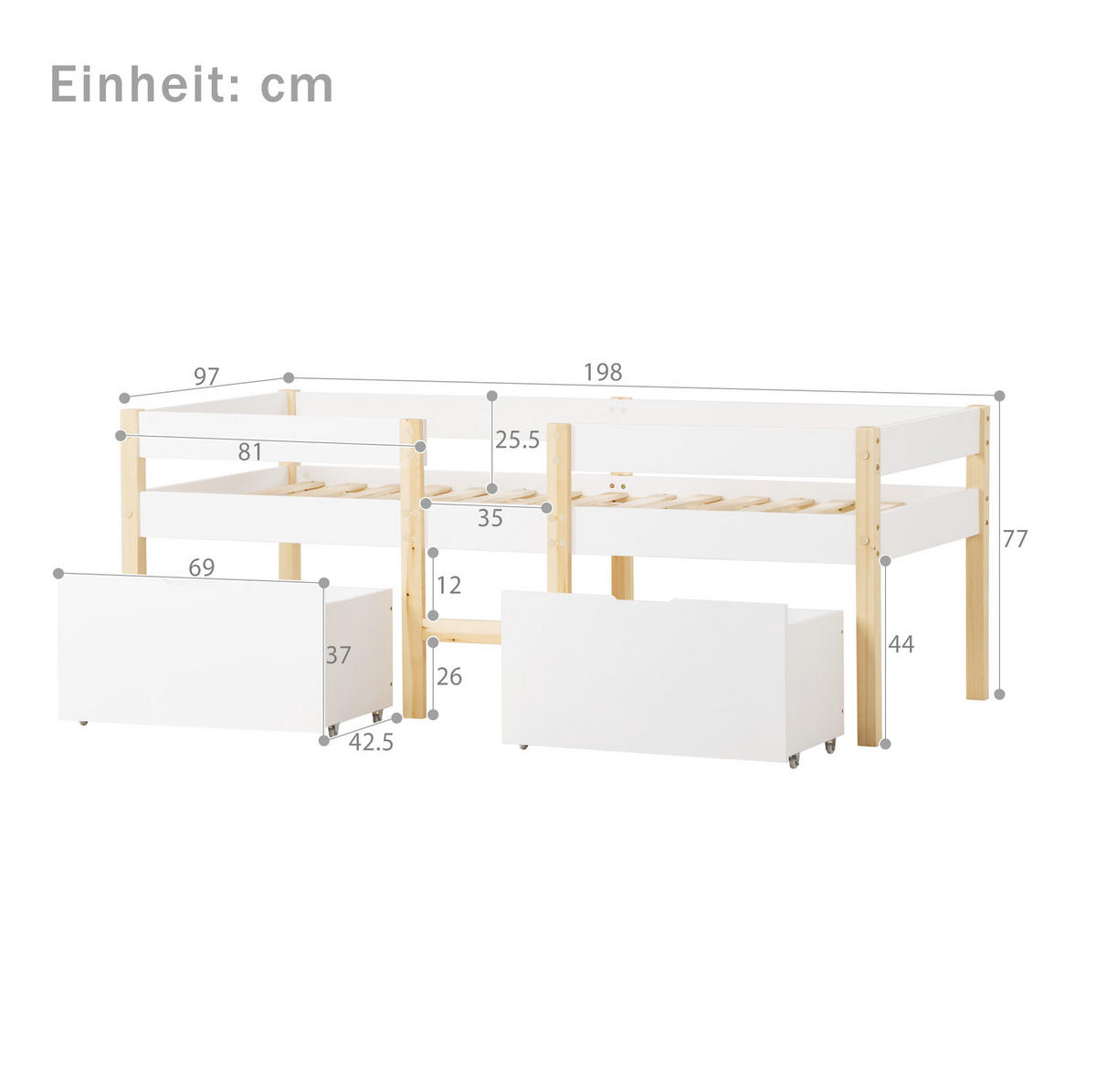 KINDERBETT 90/190 cm weiß Kiefernholz mit Schublade und Rausfallschutz - Weiß, Holz (90/190cm) - OKWISH