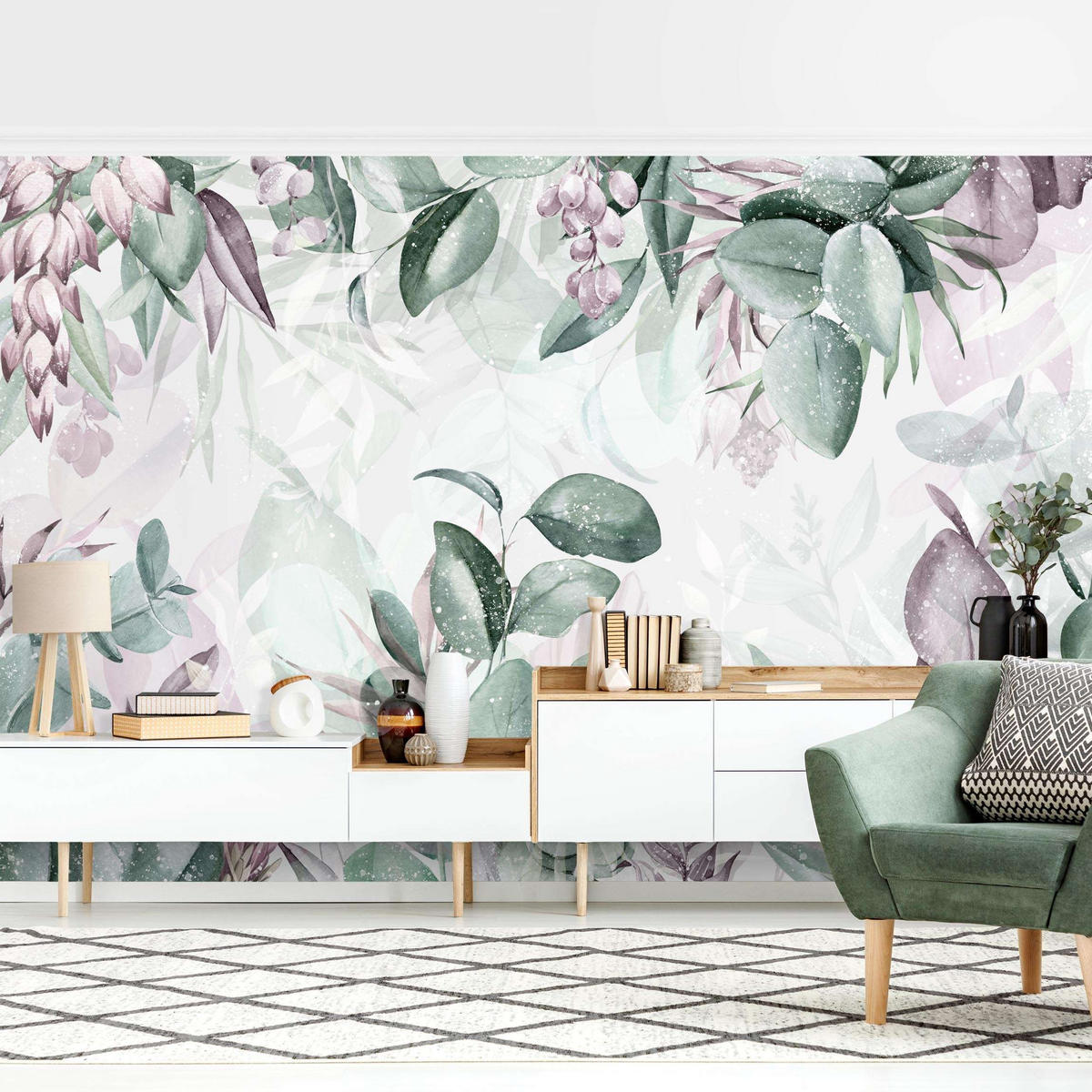 FOTOTAPETE Botanik in Pastell Grün & Rosa 336/225 cm - Grün, Papier (336/225cm) - Bilderwelten