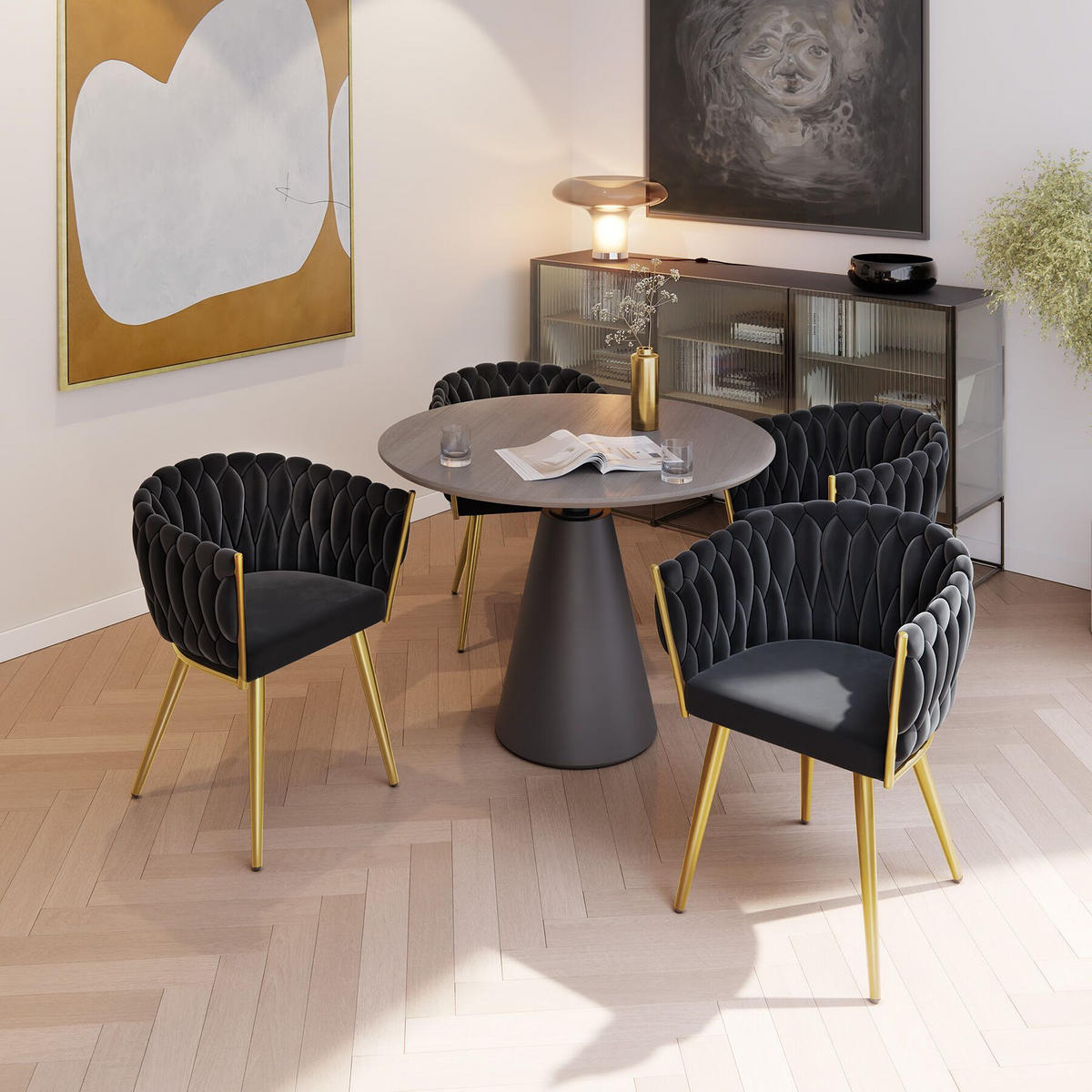 ESSZIMMERSTUHL 4er Set Astano,60,5 x 55 x 75 cm,schwarz/gold - Goldfarben/Schwarz, Textil (60.5/75/55cm) - tectake