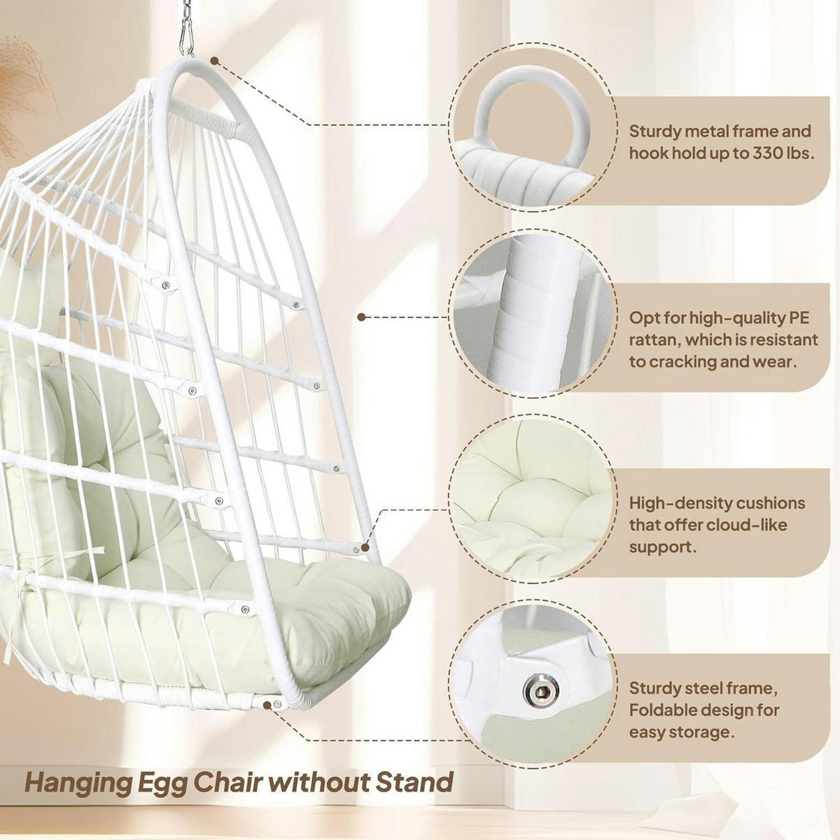 HÄNGESESSEL Korb Rattan Weiß mit Aufhängeset - Weiß, Kunststoff (73/1.5/108cm)
