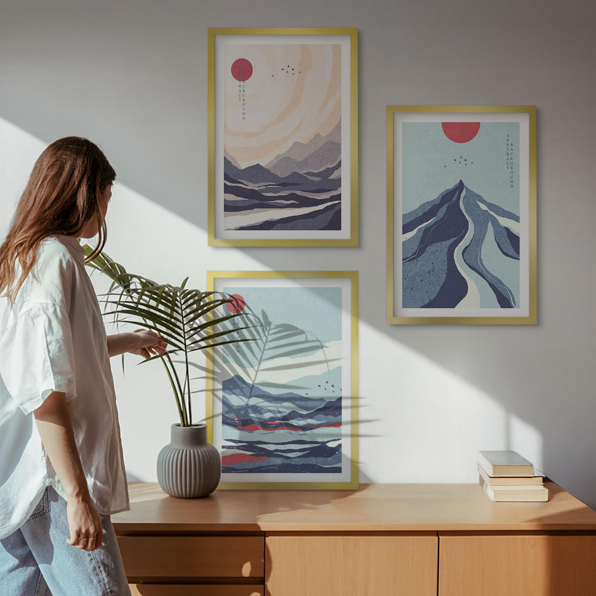 WANDBILDER 3er Set - 40x60 cm Goldrahmen - Abstrakte japanische Berge - Goldfarben, Kunststoff (40/60cm) - ArtPrintCave