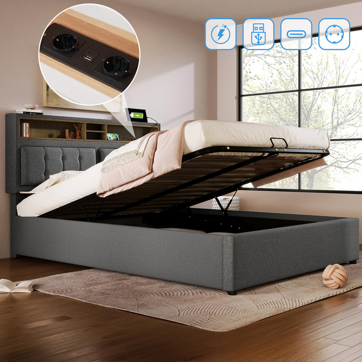 STAURAUMBETT 160/200 cm DE-00052, in Grau, verstellbarem Kopfteil und Stauraum - Grau, Holz (160/200cm) - ComfortXL