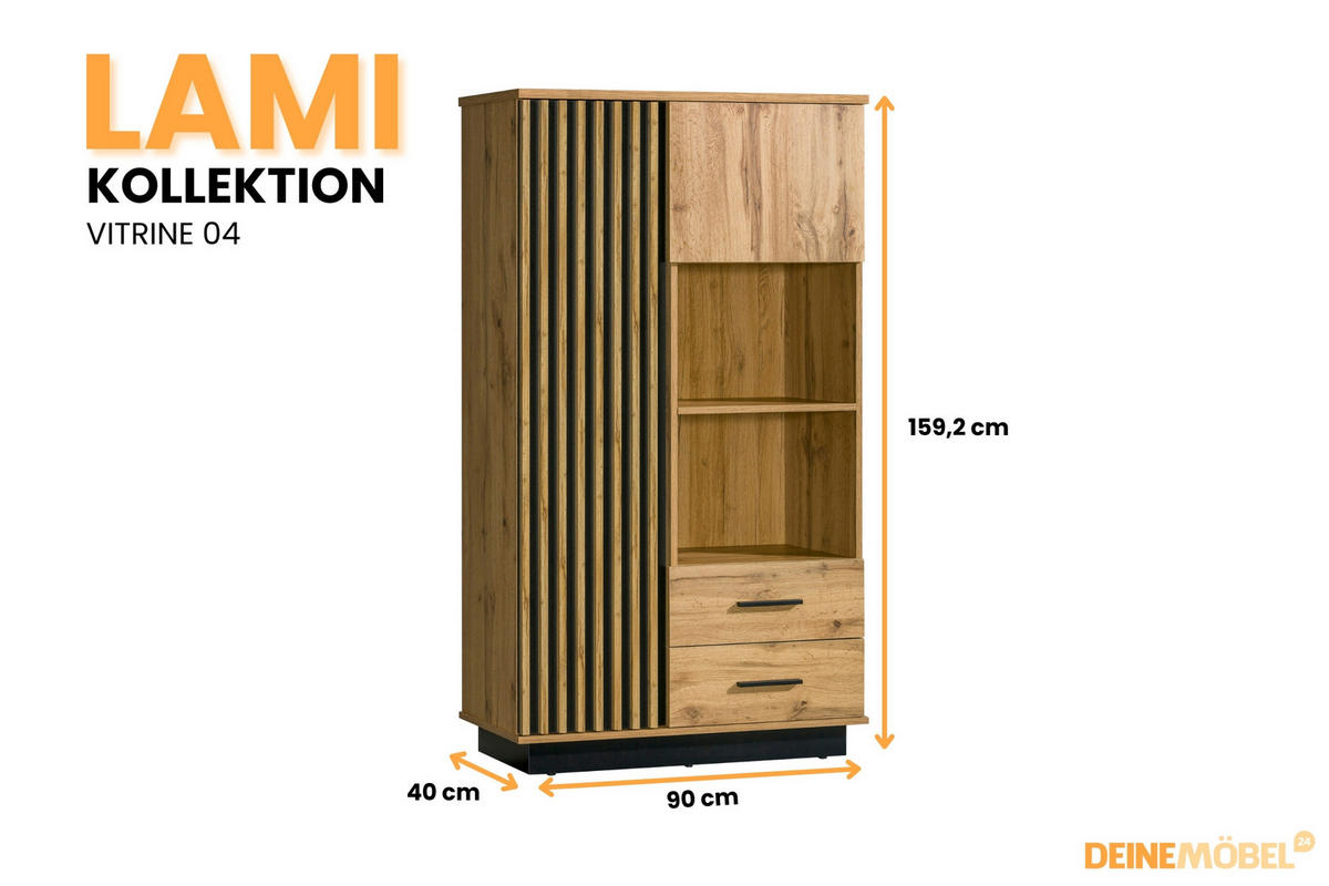 HIGHBOARD LAMI 4 90/160/40 cm in Wotan Eiche / Schwarz Matt mit Lamellen - Eiche Wotan/Schwarz, Holzwerkstoff (90/160/40cm) - Deine Möbel 24