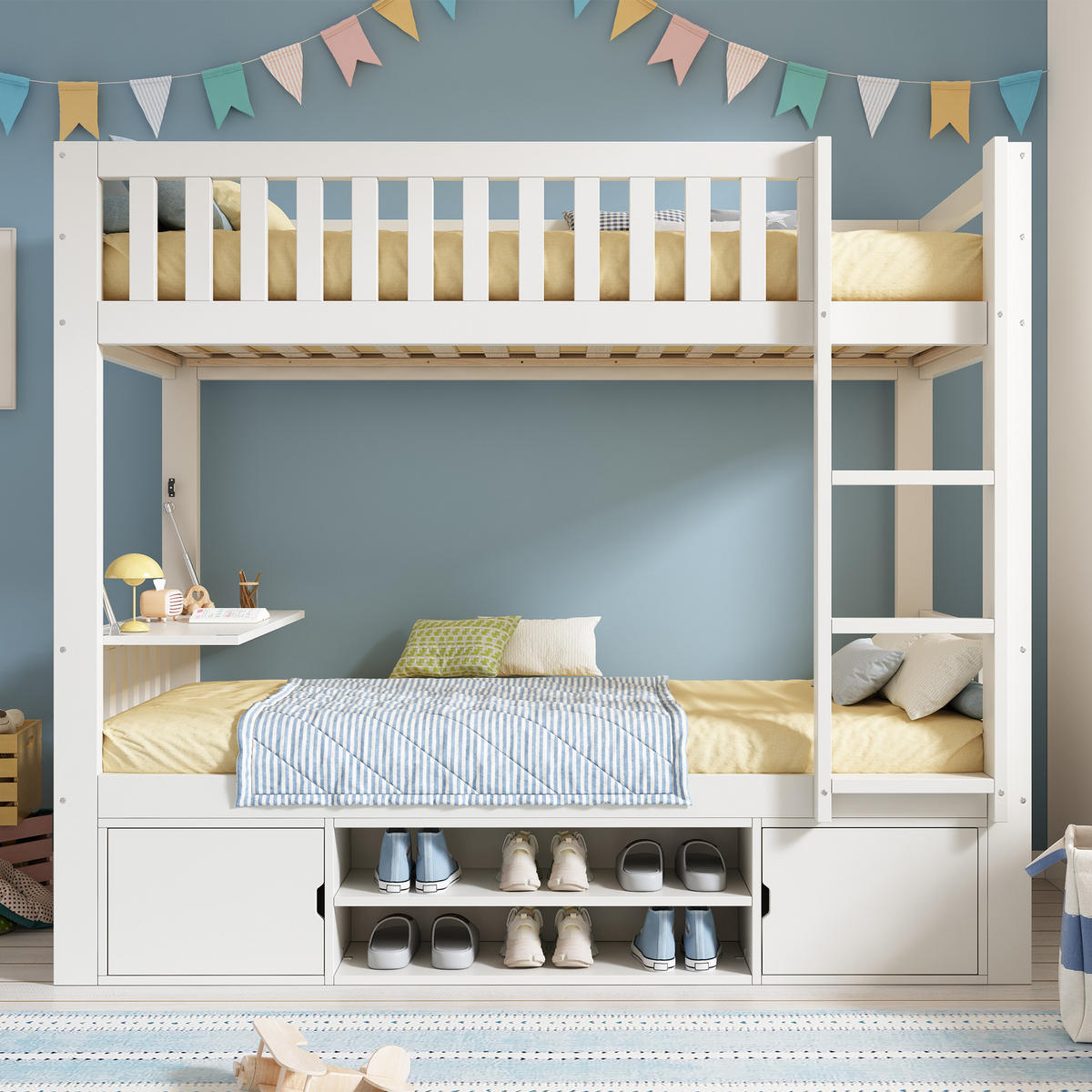 ETAGENBETT Mit Klappbarer Tischplatte Weiß 90x200 cm - Weiß, Holz (90/200cm) - ComfortXL