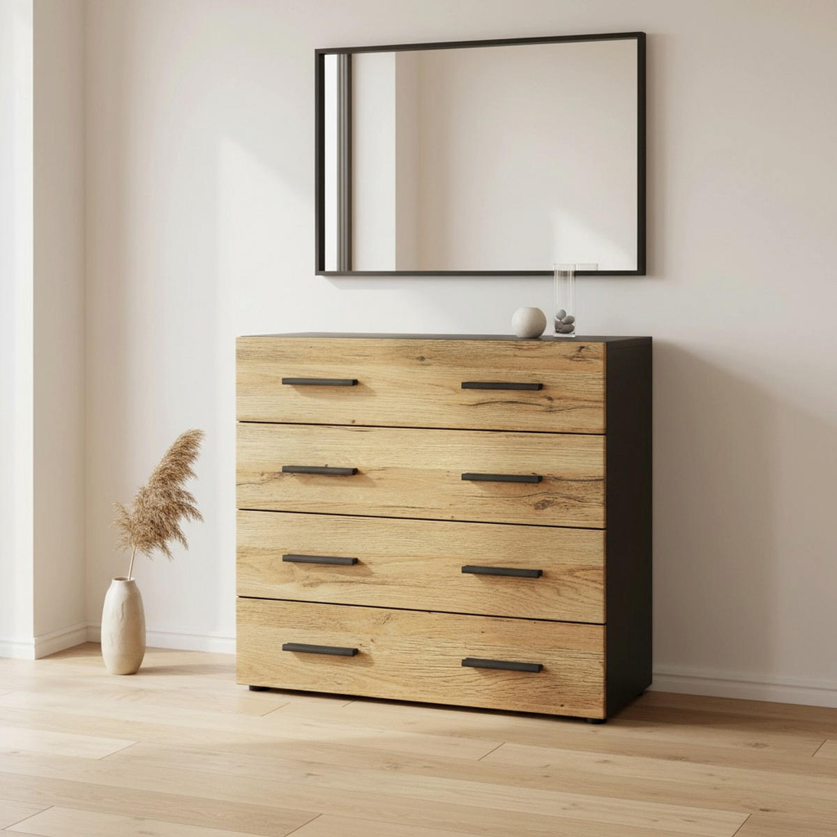 KOMMODE Den, Sideboard mit 4 Schubladen, Made in Germany, Moderner Schrank, Schwarz matt / Eiche Nature (76 x 72 x 35 cm) - Eiche Wotan, Holzwerkstoff (76/72/33cm) - InnoFurn