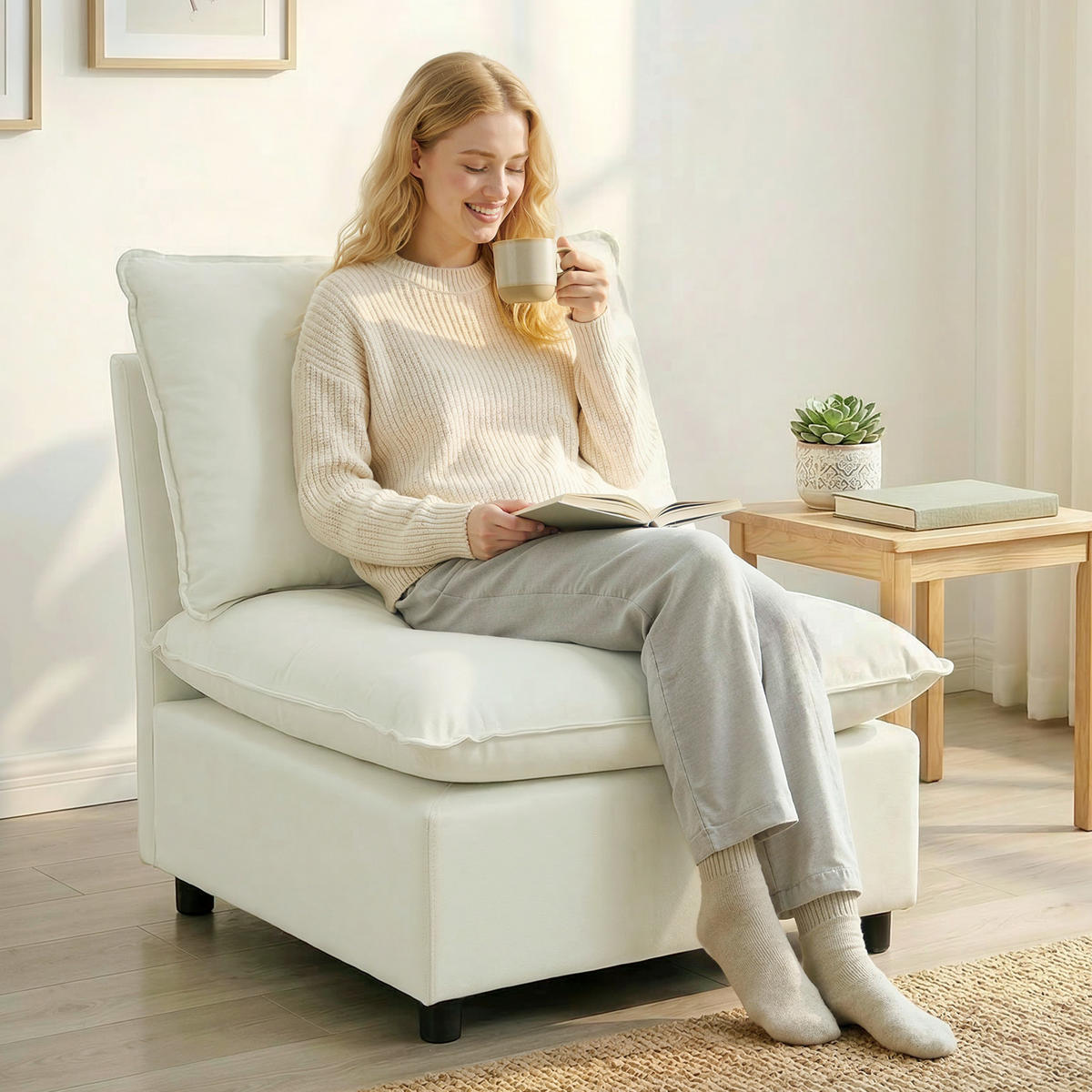 SESSEL DE-13498 1-Sitzer ohne Armlehnen, große Sitzfläche Creme - Creme, Textil (85/78/74cm) - ComfortXL