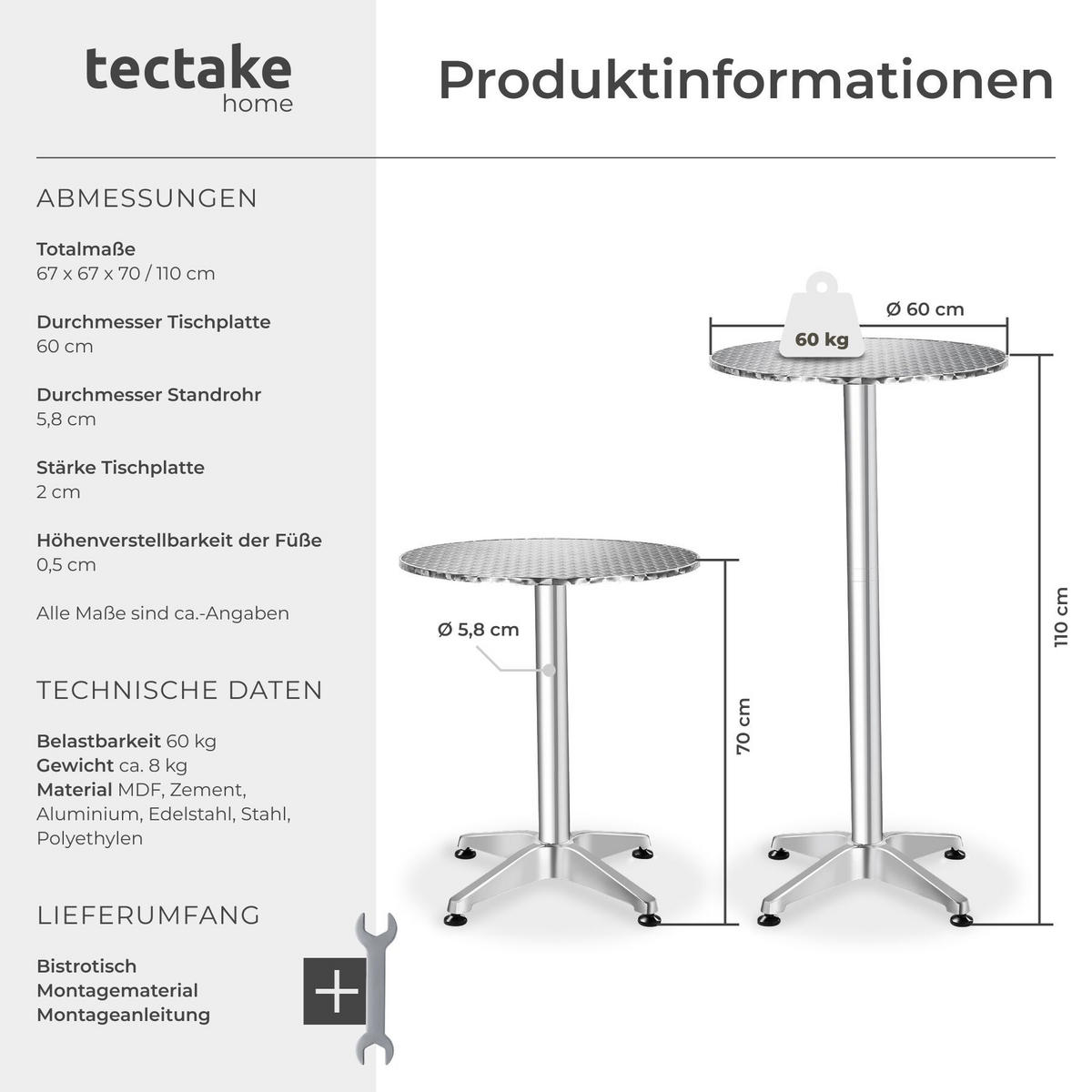 BISTROTISCH aus Aluminium Frederic, höhenverstellbare Kunststofffüße, silber - Silberfarben, Holz (67/67/110cm) - tectake