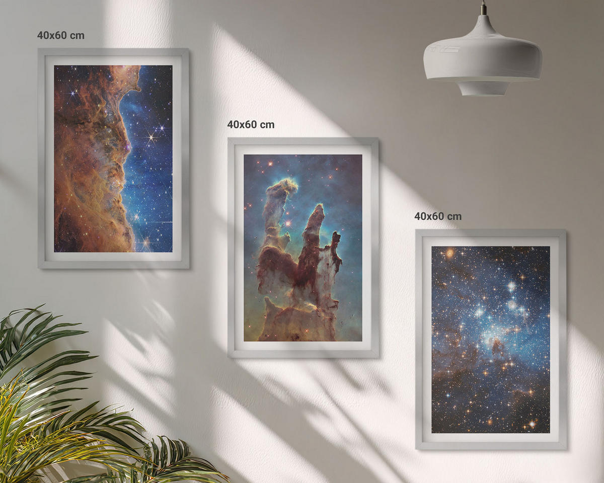 WANDBILDER 3er Set - 40x60 cm Silberner Rahmen - Weltraumlandschaften von Galaxien - Silberfarben, Kunststoff (40/60cm) - ArtPrintCave