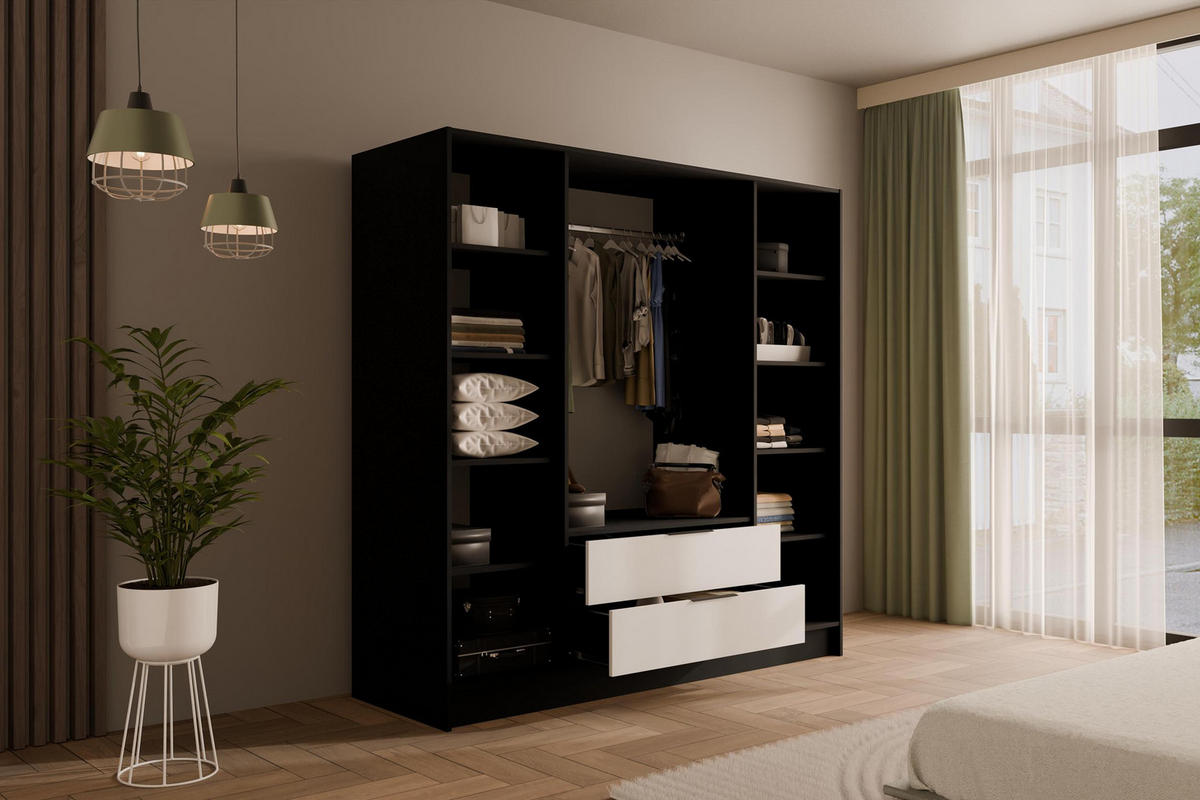 KLEIDERSCHRANK mit Flügeltüren KOLIN 200x200cm Schwarz / Weiß - Schwarz/Weiß, Holzwerkstoff (200/200/51cm) - ALTDECOR