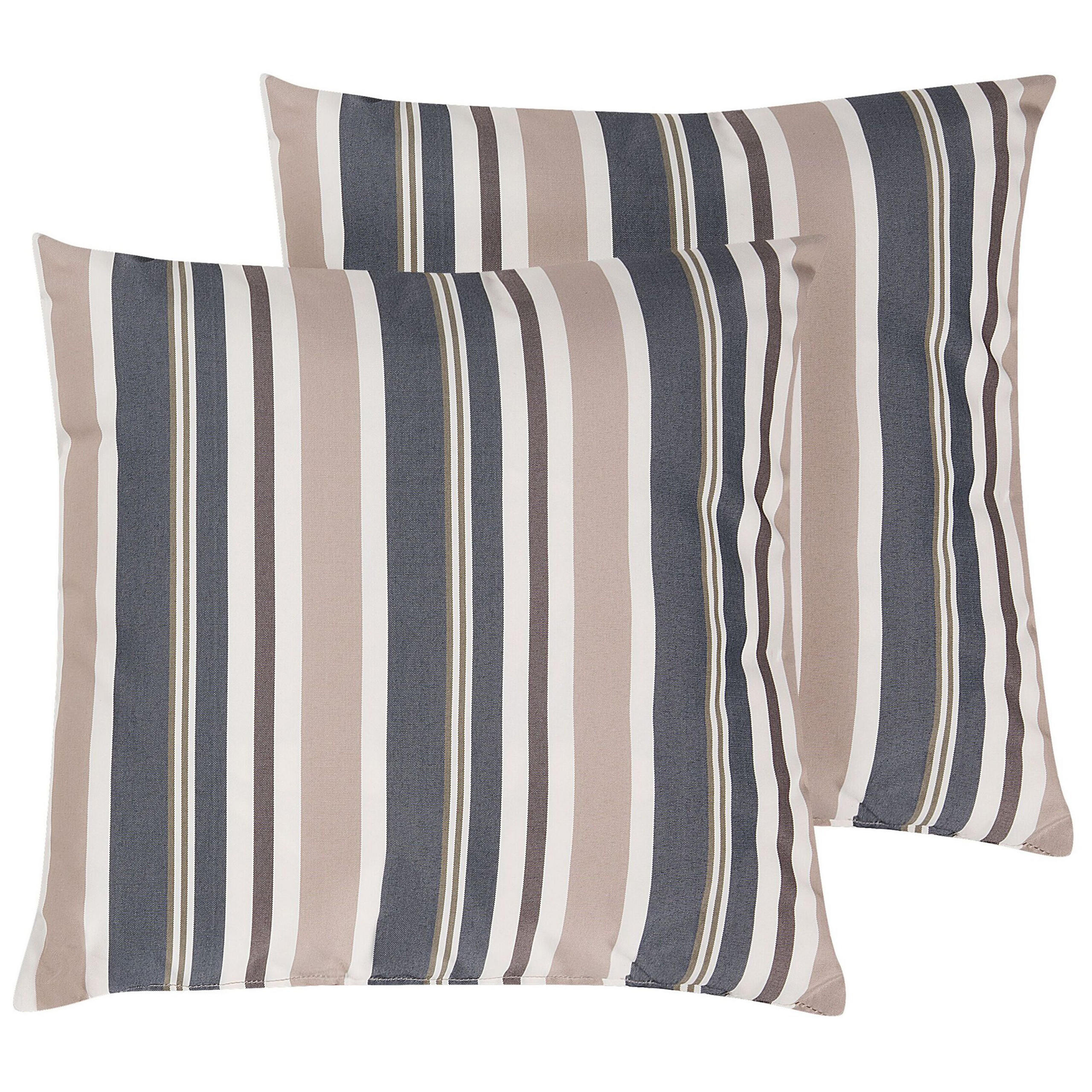 GARTENKISSEN 2er-Set dunkelblau/beige gestreift 40/40 cm Kastos - Hellbraun, Textil (40/40cm) - Beliani