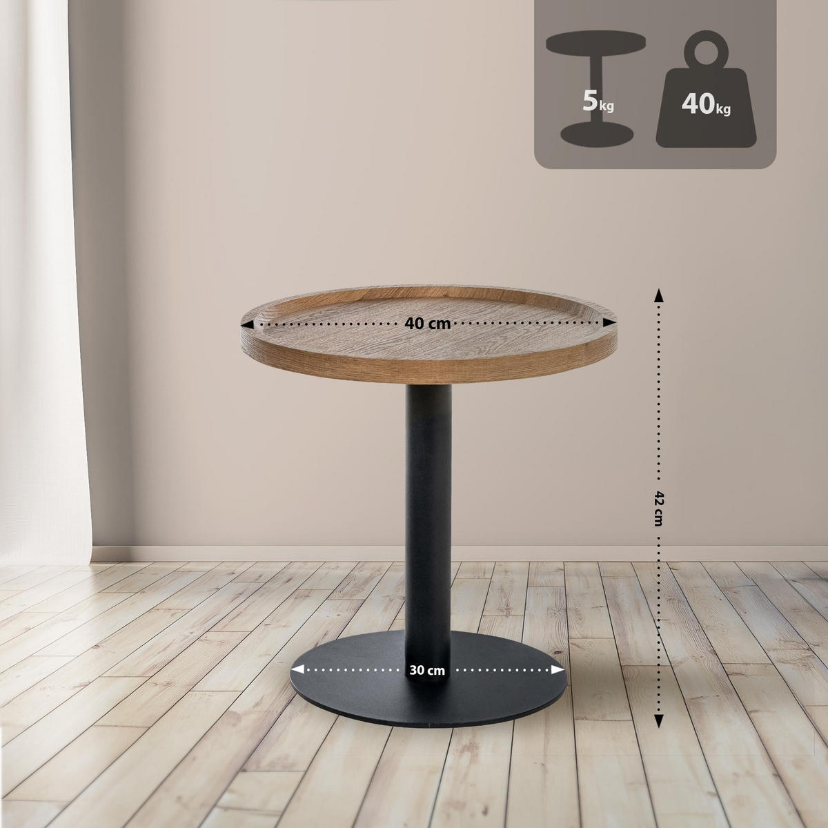 BEISTELLTISCH rund 40 cm Holz Braun - Schwarz/Braun, Holz/Metall (40/40/42cm) - CLP