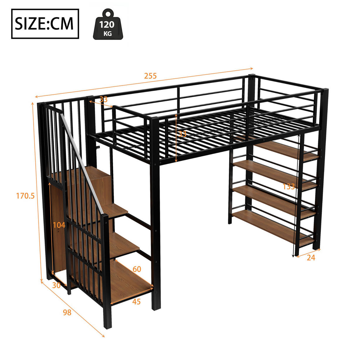 HOCHBETT 90/200 cm aus Metall mit Stauraum und Kleiderschrank in Schwarz - Schwarz, Metall (90/200cm) - Flora Grace