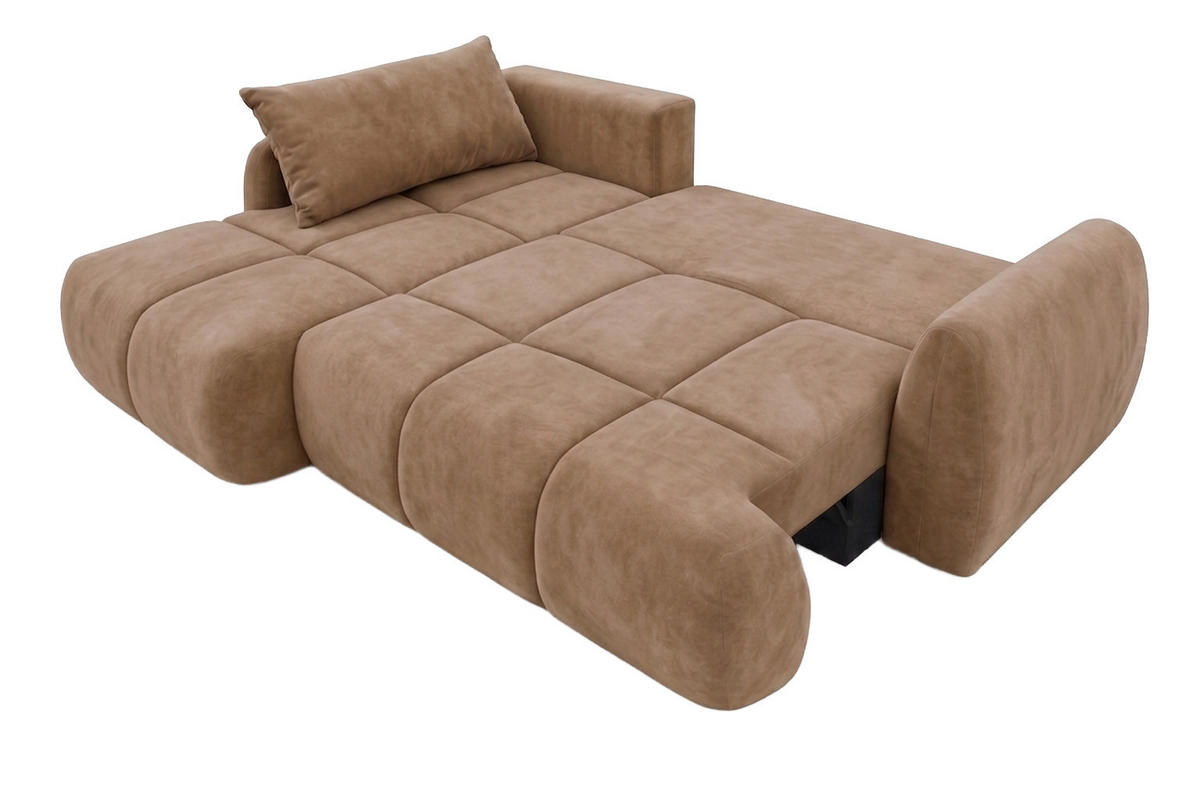 ROHOVÁ SEDAČKA s rozkládací funkcí a úložným prostorem, sametová látka Bluvel, Latte, Levá, COCO - světle hnědá, dřevo (275/180cm) - Kaiser Möbel
