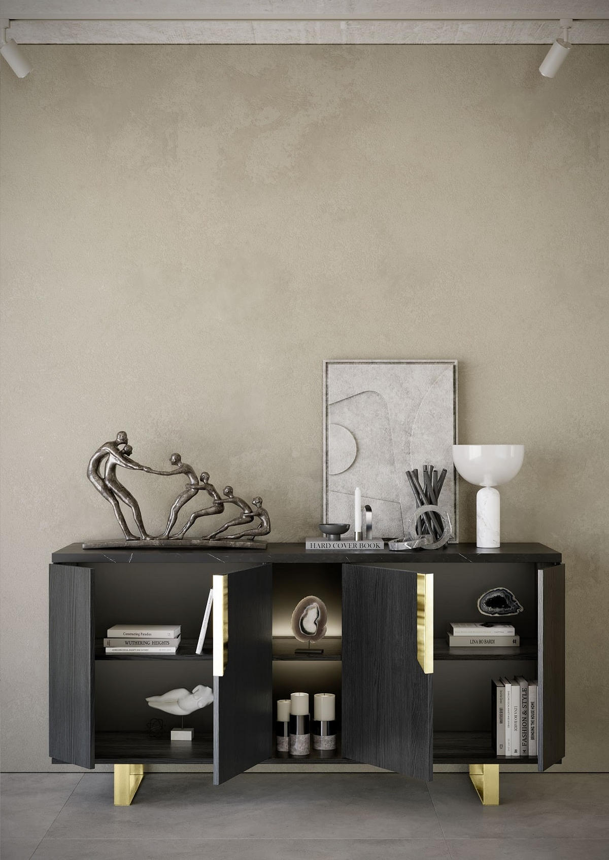 SIDEBOARD ORION 165/205 cm in Rosenholzoptik mit Marmoroptik - Goldfarben/Schwarz, Holzwerkstoff/Metall (165/83/49cm) - Interdesign24