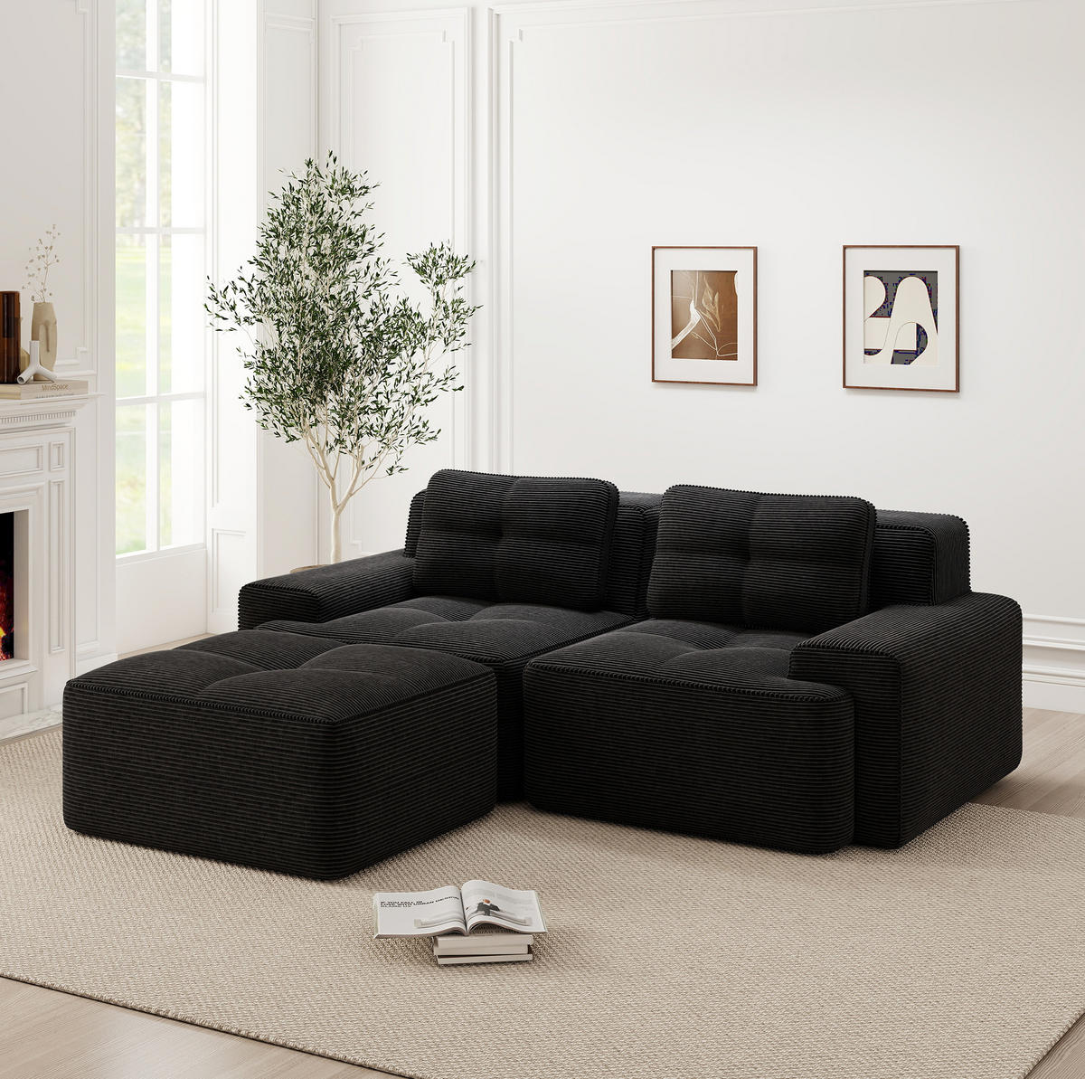 ECKSOFA boneless mit Tiefsitz, geschwungener Rückenlehne und flexiblem Aufbau, Schwarz - Schwarz, Textil (204/177cm) - Redom
