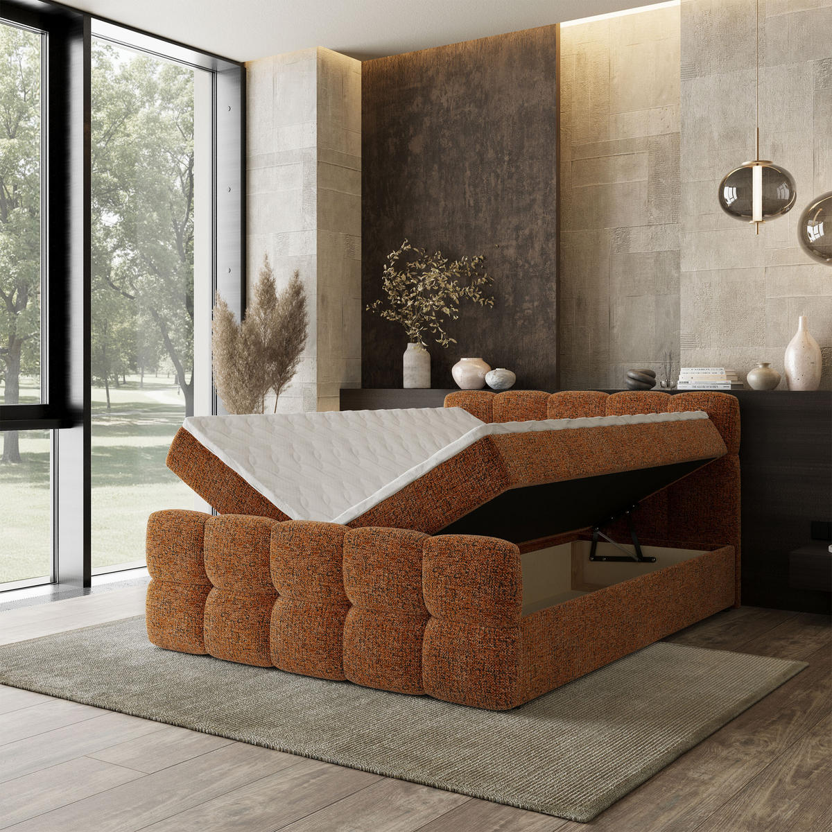 BOXBETT BRUME 180x200 cm mit Matratze und Topper, H2+H3 - Orange - Orange, Holz (180/200cm) - MASSENO