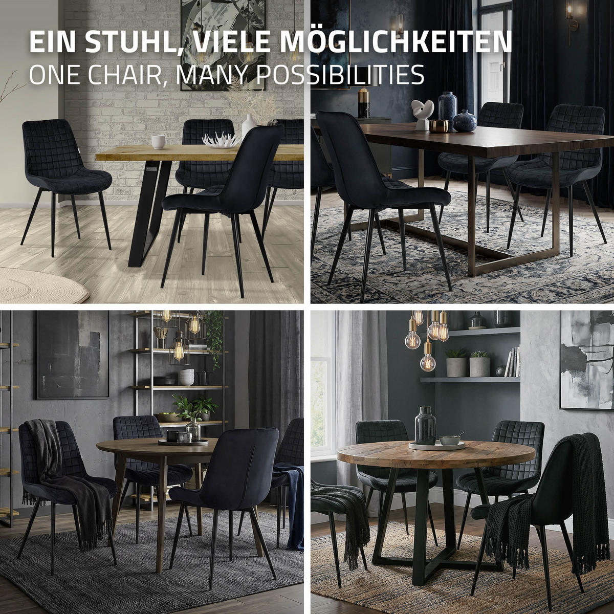 ESSZIMMERSTÜHLE 4ER-SET Schwarz Samt - Schwarz, Textil/Metall (52/89/60cm) - ML-DESIGN
