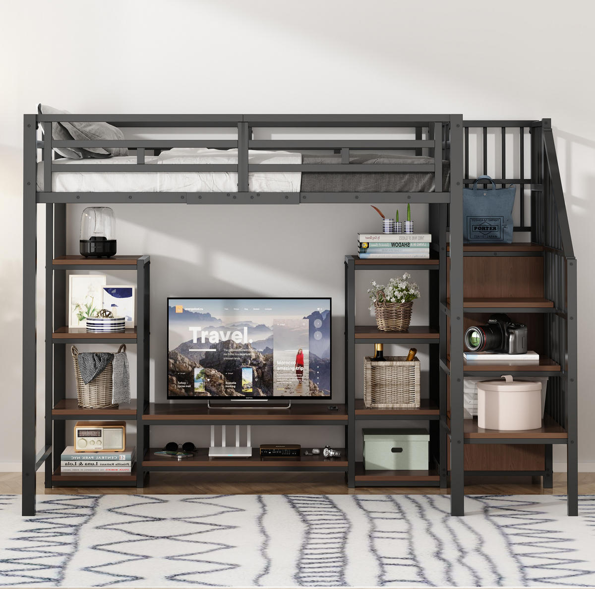 HOCHBETT 90/200 cm Schwarz mit TV-Ständer und Steckdose - Schwarz, Metall (90/200cm) - MIVRAY