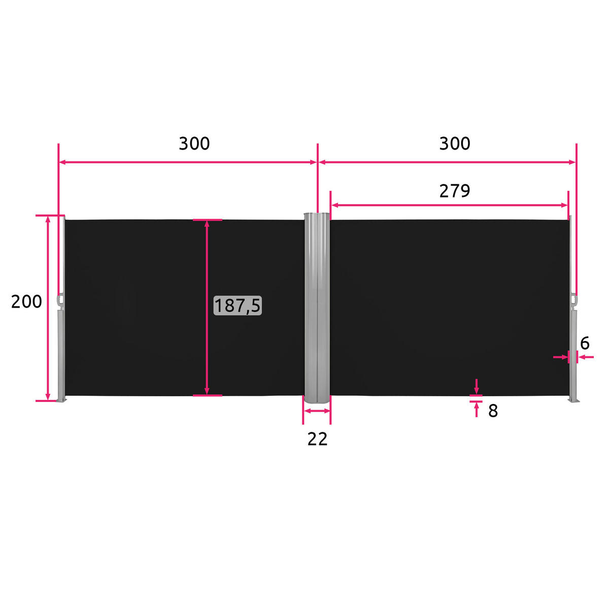 SEITENMARKISE doppelt, 200 x 600 cm,schwarz - Schwarz, Textil (200/10cm) - tectake