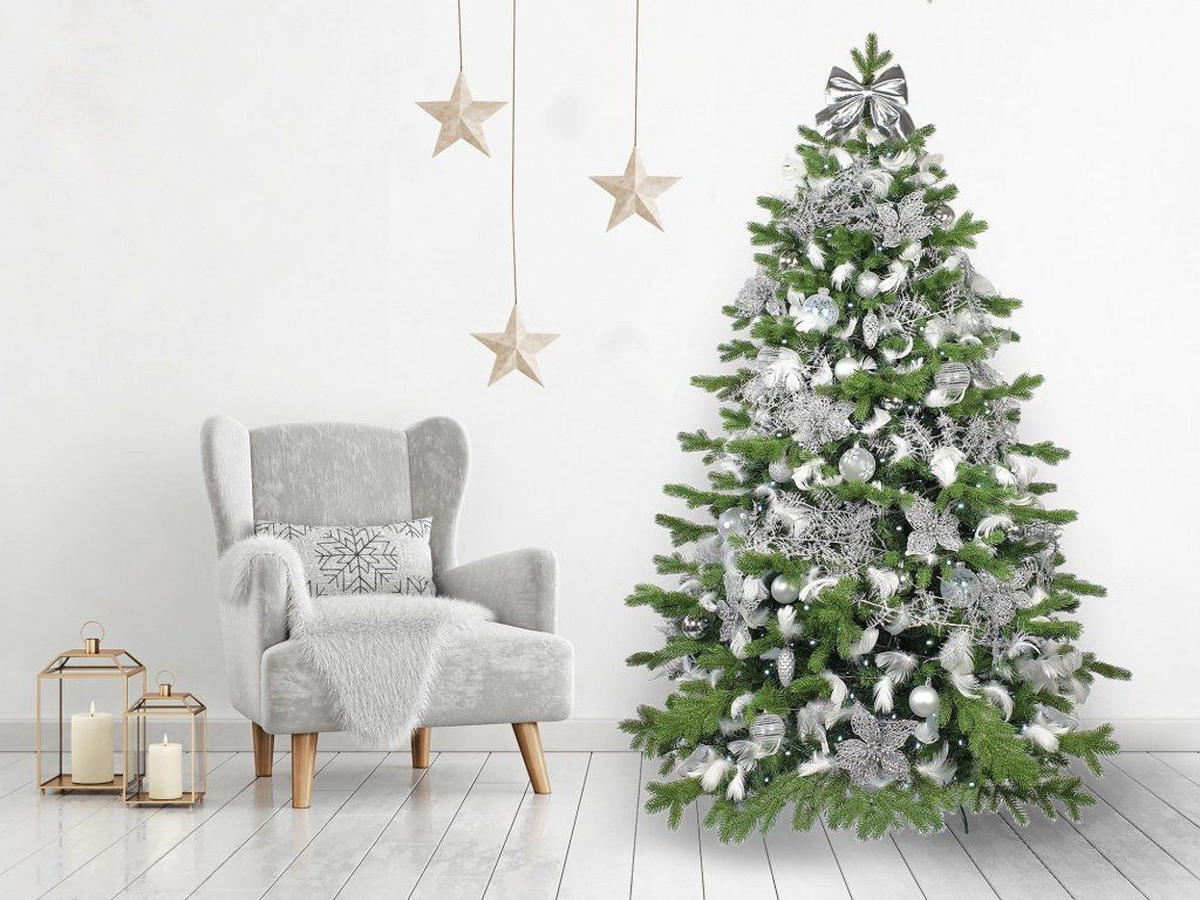 WEIHNACHTSBAUM künstlicher 150 cm, WINTERKÖNIG, mit 93-teiligem Weihnachtsbaumschmuck, inkl. Metallständer und Aufbewahrungsbox - Silberfarben/Weiß, Kunststoff/Metall (104/150cm) - LAALU