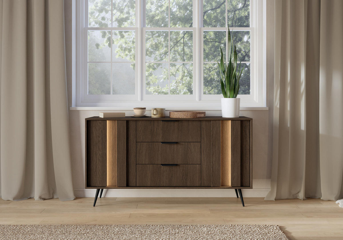 SIDEBOARD LUPO 153 cm Eiche Dunin - mit 3 Schubladen, LED und Metallfüßen - Eichefarben/Schwarz, Holz/Holzwerkstoff (153/83/40cm) - Ravio