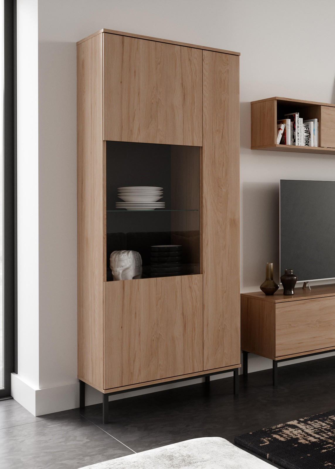 Thumbnail - Ravio Vitrine, Eiche, Holzwerkstoff, 7 Fächer, Rechteckig,Rechteckig, 70x190x41 cm, Wohnzimmer, Wohnwände, Vitrinenschrä...