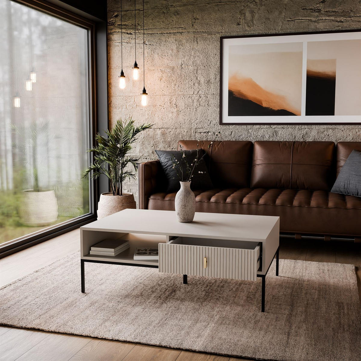 COUCHTISCH MIDNIGHT mit Schublade auf Gestell kaschmir - Kaschmir/Schwarz, Holzwerkstoff (68/104/39cm) - Lookway