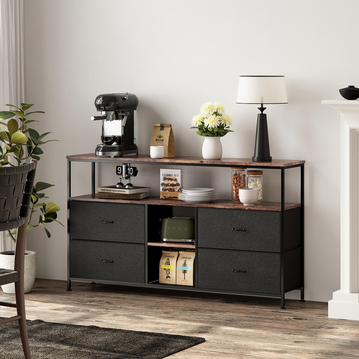 TV-SCHRANK 137 CM - Tigerholz-Optik mit Tigerholz-Stoffschubladen - Schwarz, Holz (30/78/137cm)
