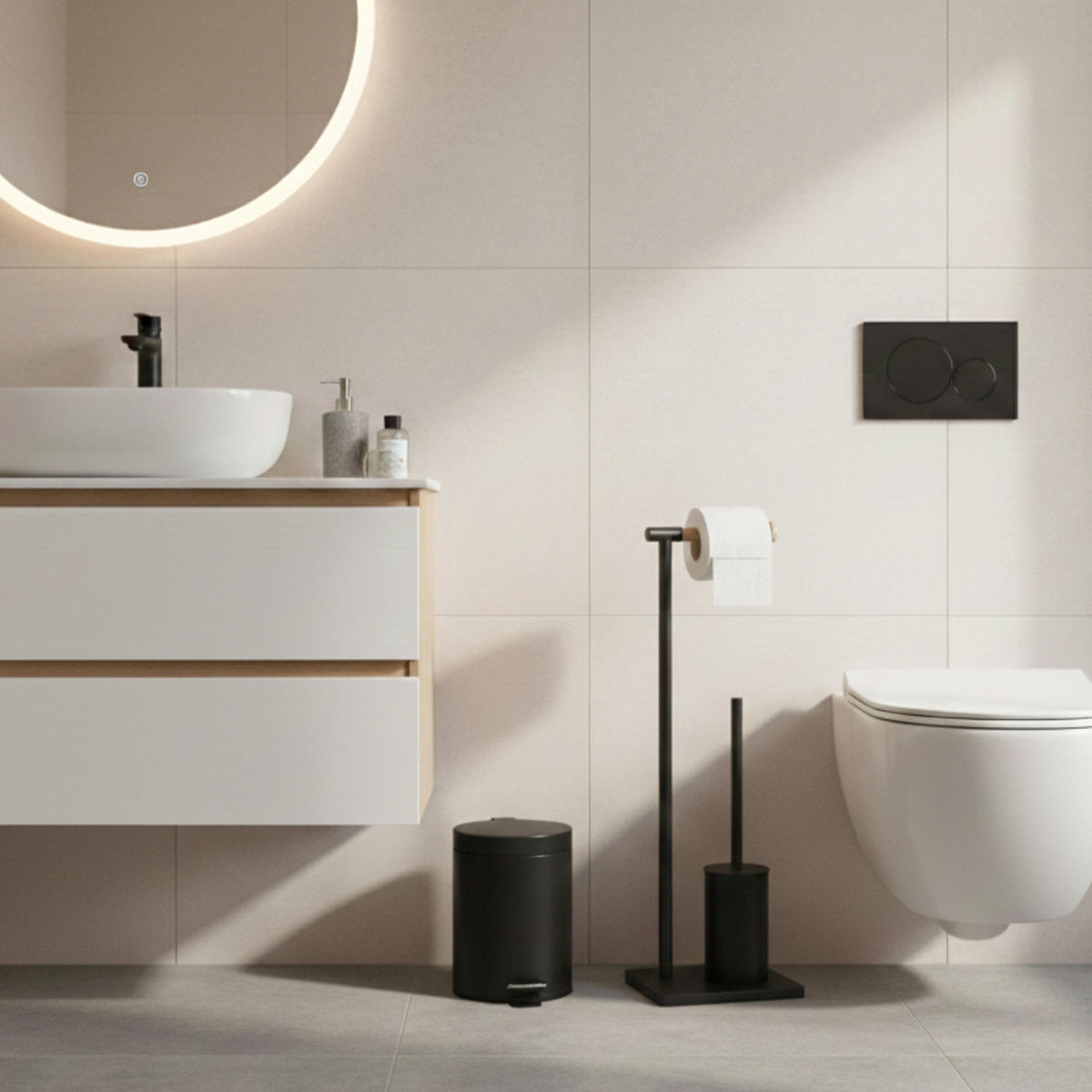 WC-BÜRSTE mit Bambusgriff und Toilettenpapierhalter Isme 20/16/66 cm - Schwarz, Metall (16/66/20cm) - NUXIO