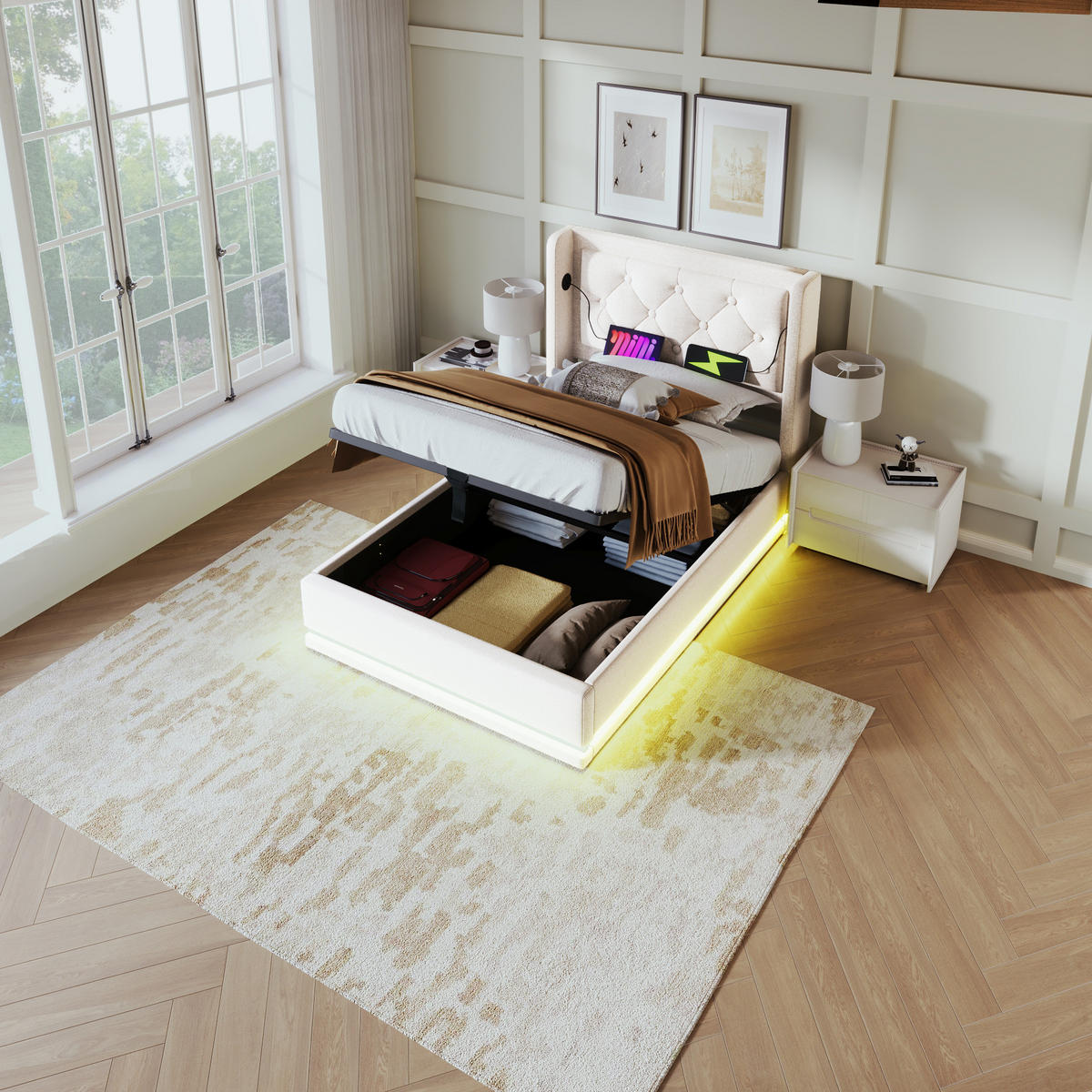 BETT mit Stauraum, LED & USB 90x200 cm Beige Baumwolle - Beige, Metall (90/200cm) - Meubliv