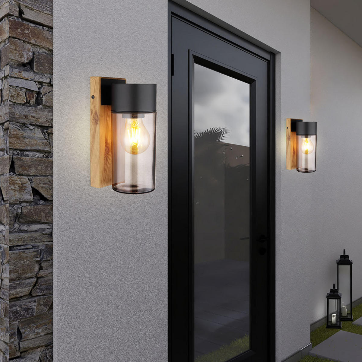 LED AUSSEN-WANDLEUCHTE Edelstahl Schwarz Holzoptik - Schwarz, Glas (9/22.5/12.4cm) - Globo Lighting
