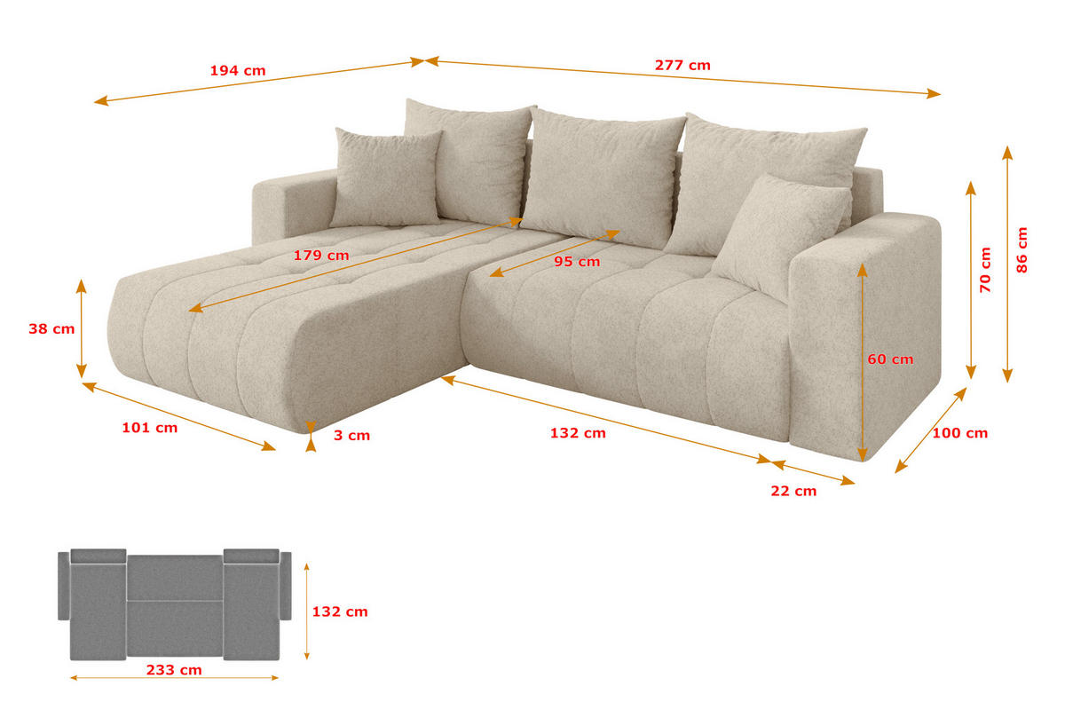 ROHOVÁ SEDAČKA s funkcí spaní, otoman vlevo MILA-L 277x194x86 krémová velur - černá/krémová, kompozitní dřevo/textil (277/194cm) - ALTDECOR