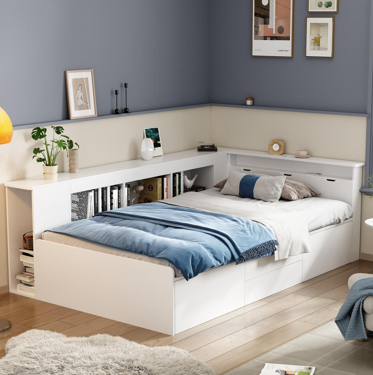 KINDERBETT 90/200 cm aus MDF mit 4 Schubladen, Bücherregal und Stauraum Weiß - Weiß, Holzwerkstoff (90/200cm) - Modenvie