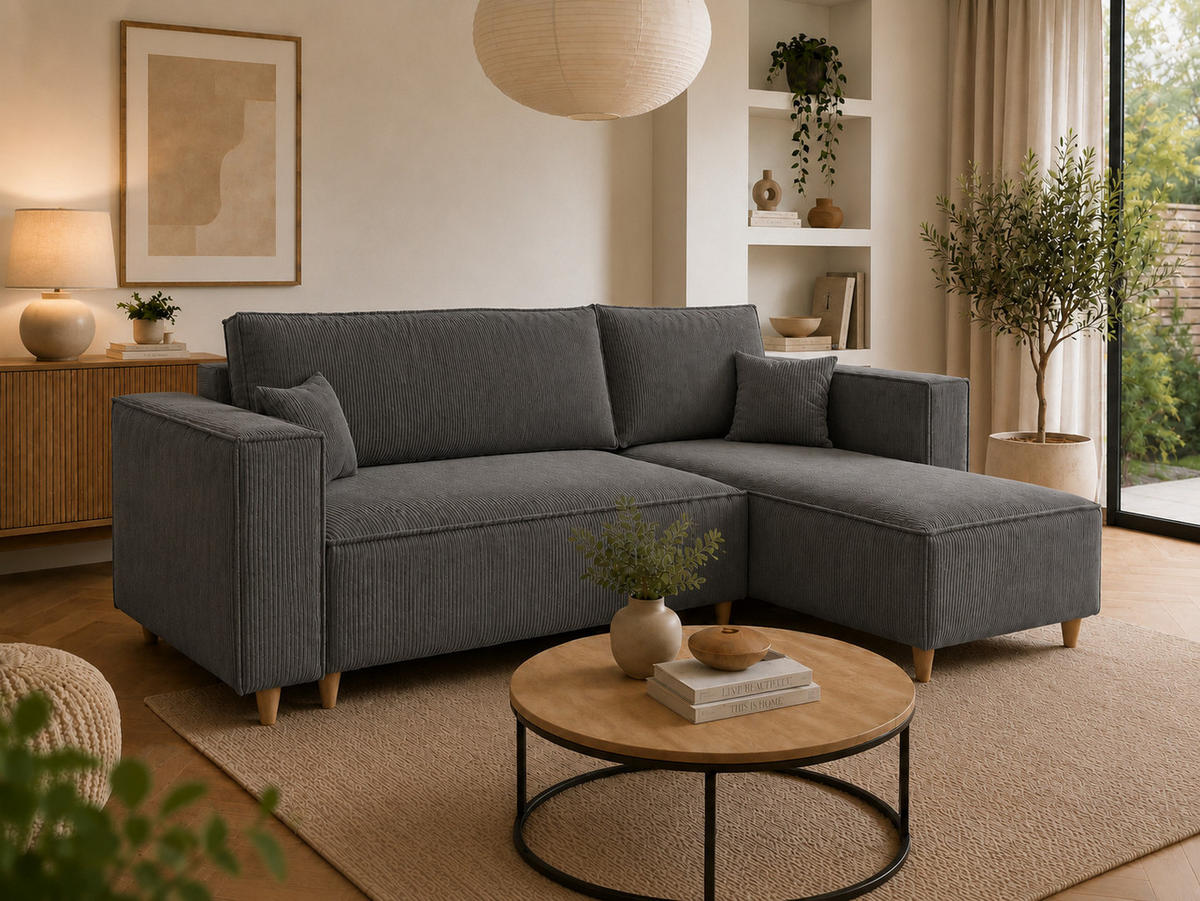 ECKSOFA mit Schlaffunktion und Bettkasten Rio, Ecksofa Cordstoff Grau, Ottomane Universal, 249x142 cm - Grau, Textil (249/142cm) - Marpur