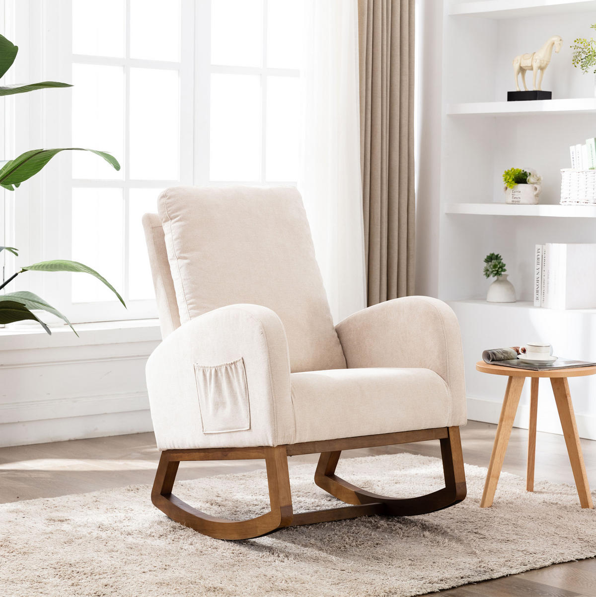 SCHAUKELSTUHL Leinen mit hoher Rückenlehne, Seitentasche 69/94/101 cm Beige bis 150 kg - Beige, Textil (94/101/69cm) - Redom