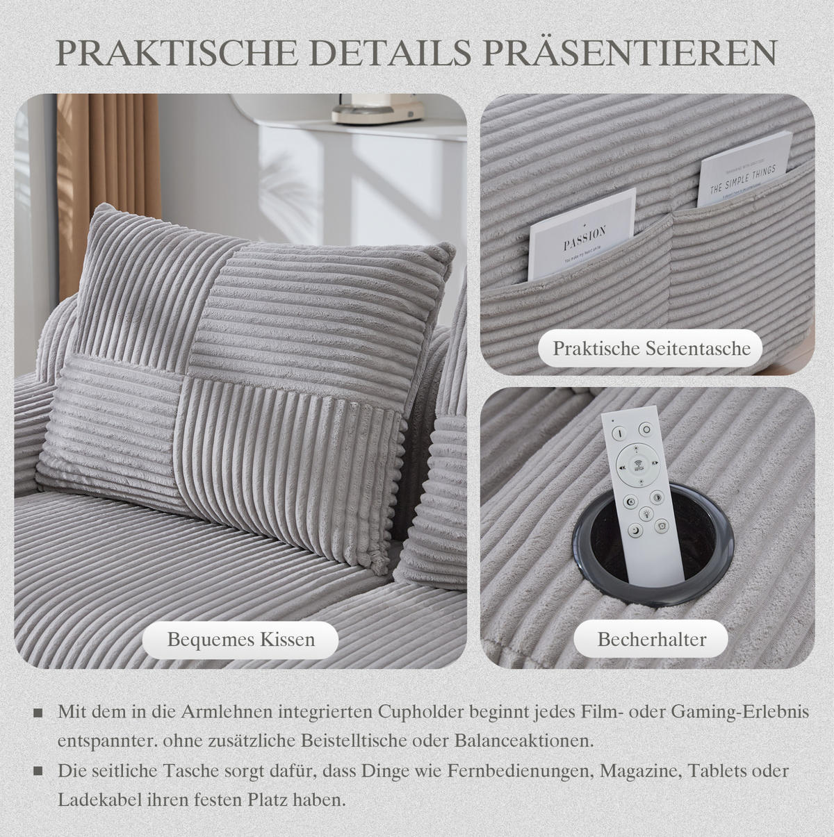 DVOJSEDAČKA 200/99/80 cm světle šedá z kordurové látky s držákem na nápoje a kapsou - světle šedá, textil (99/80/200cm) - OKWISH