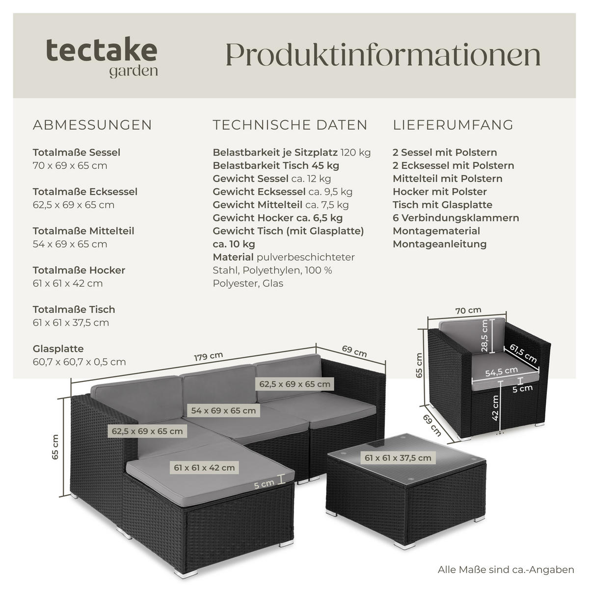 RATTANLOUNGE Lignano,variabel aufstellbar,schwarz - Schwarz, Kunststoff - tectake