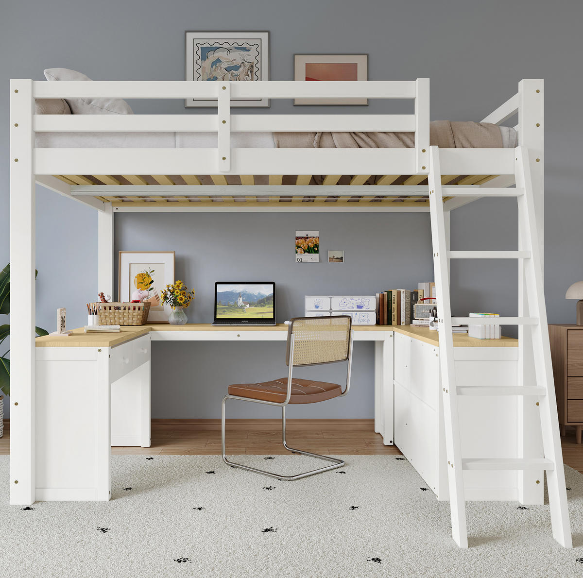 HOCHBETT 140/200 cm Weiß+Natur mit U-förmigem Langtisch und zwei Schubladen aus Kiefer und MDF - Weiß, Holzwerkstoff (140/200cm) - OKWISH