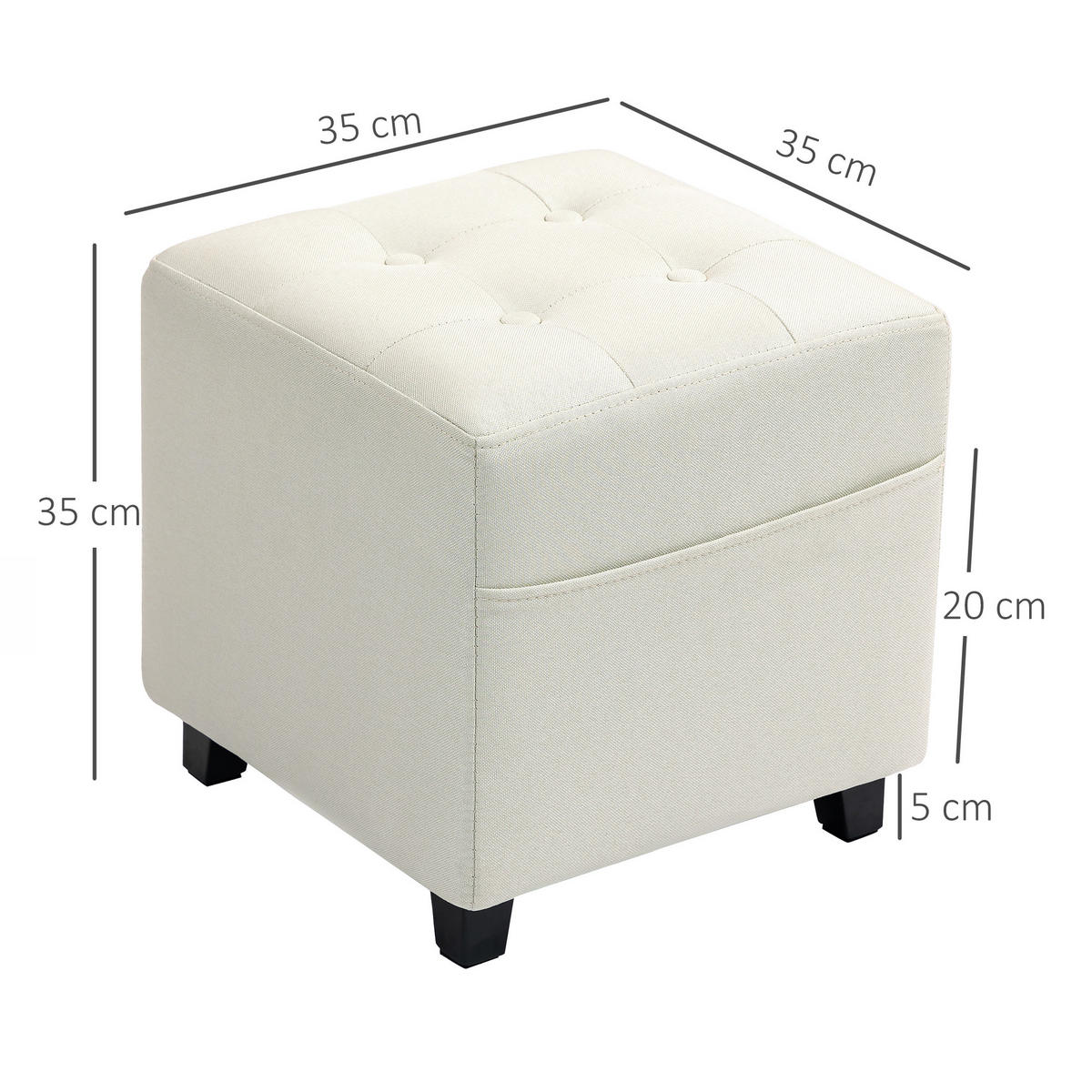 HOCKER DE-16461 mit Seitentasche und Knopfheftung Creme - Creme, Holzwerkstoff (35/35/35cm) - ComfortXL