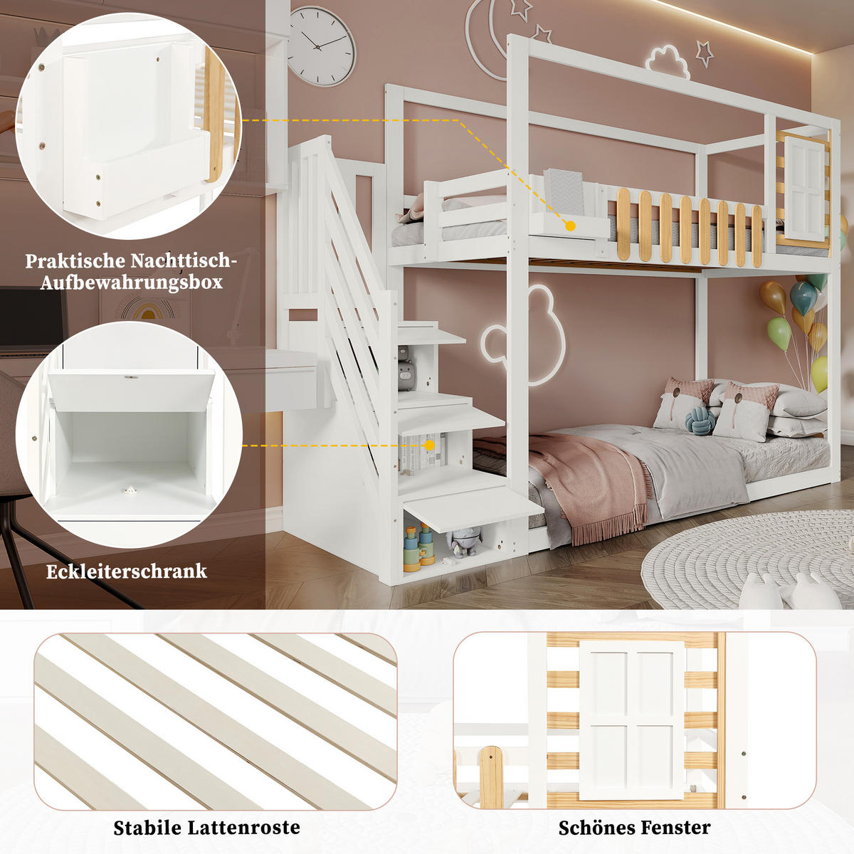ETAGENBETT 90/200 cm Weiß/Natur mit Treppe, Stauraum und Fensterdesign - Weiß, Holzwerkstoff (90/200cm) - Flora Grace