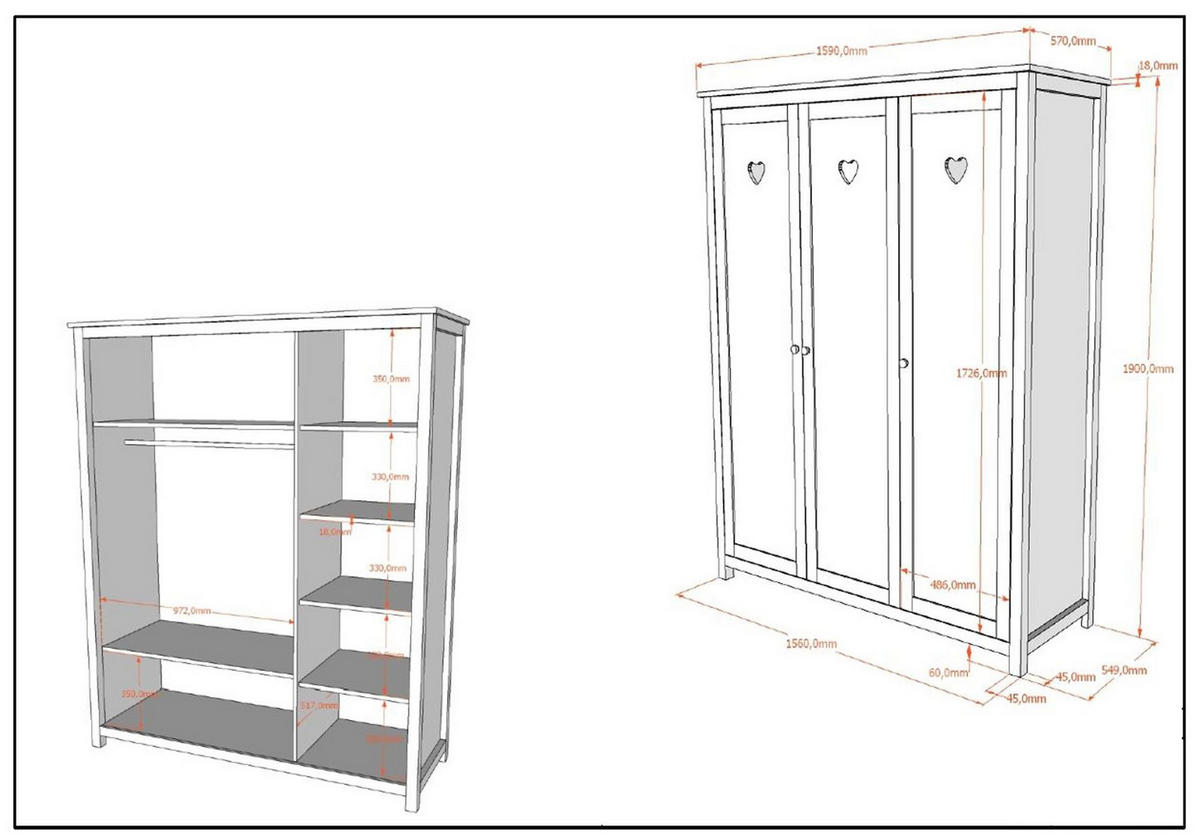 KINDERZIMMERSCHRANK Kamila 159x57x191 mit 3 Türen MDF+Massivholz Weiß - Weiß, Holzwerkstoff (159/191/57cm) - 58aufmkessel