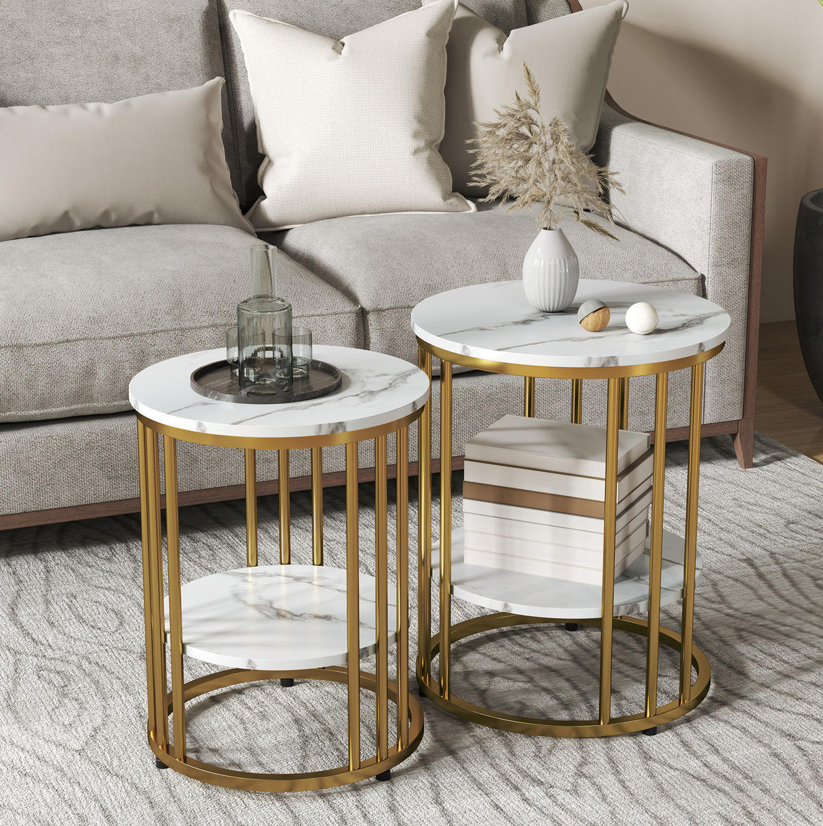 COUCHTISCH-SET 45/45/55 cm rund mit Ablagefach in Marmoroptik und Metallgestell, Weiß - Weiß, Holzwerkstoff (45/45/55cm) - Redom