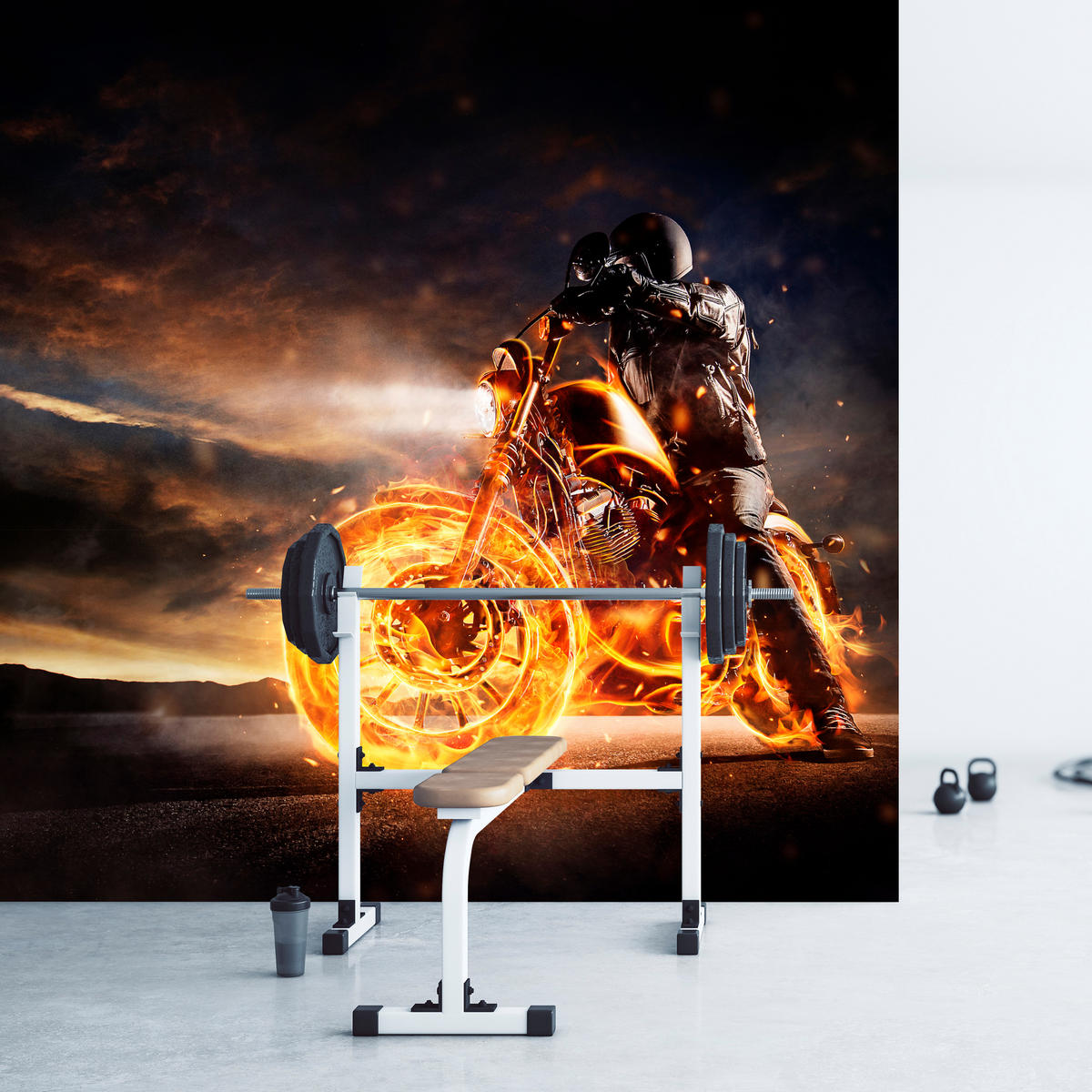 FOTOTAPETE für Jugendzimmer Mann Brennenden Motorrad Sport Nacht 500x350 - Schwarz/Orange, Papier (500/350cm) - Muralo