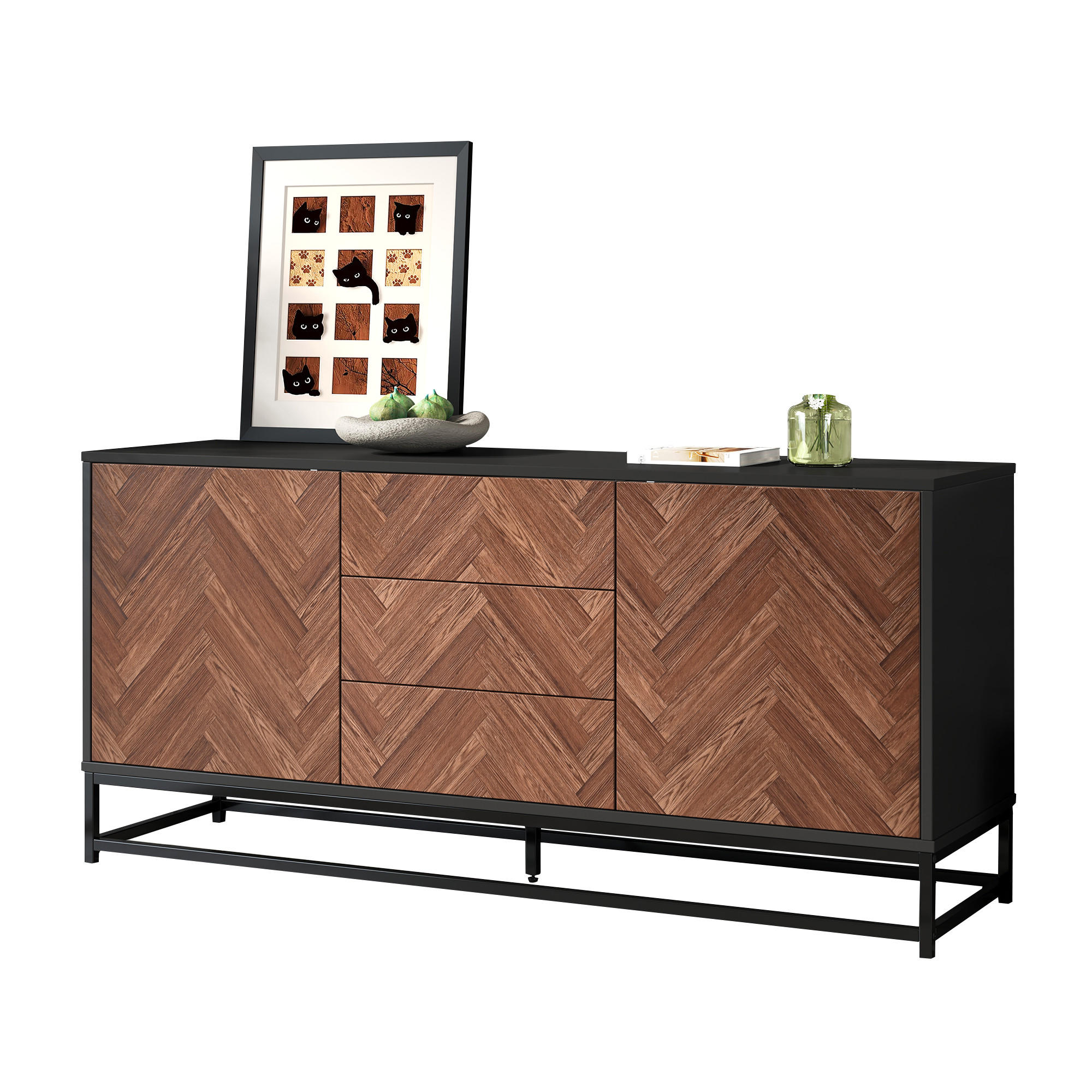 SIDEBOARD aus Spanplatte und Metall 145x40x67 cm Eichefarben-Schwarz mit 3 Schubladen, 2 Türen und verstellbaren Einlegeböden - Schwarz, Metall (145/67/40cm) - Modfu