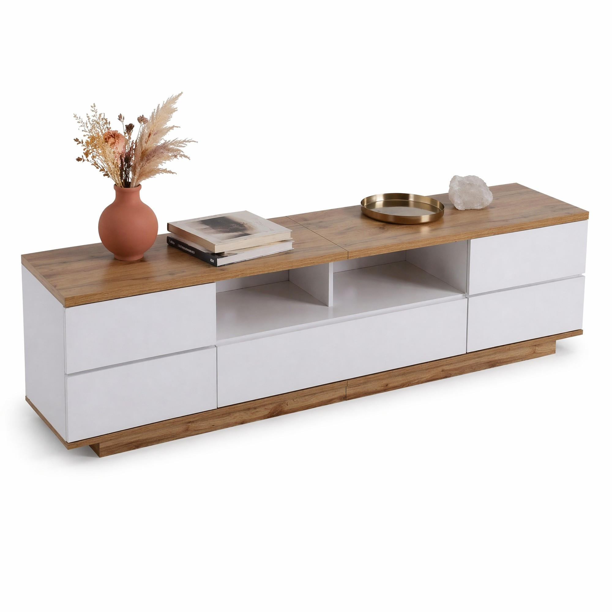 LOWBOARD in Weiß mit Holzmaserung, Farbblock-Design und Stauraum für Wohnzimmer, B180/T38/H46cm - Weiß, Holzwerkstoff/Metall (180/46/38cm) - STILVORA