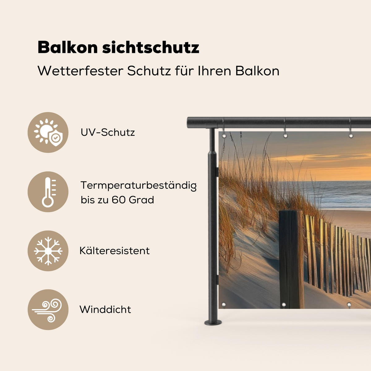 BALKON-SICHTSCHUTZ Strand - Dünen - Sonnenuntergang 500x120 cm - Sandfarben, Kunststoff (500/120cm) - MuchoWow