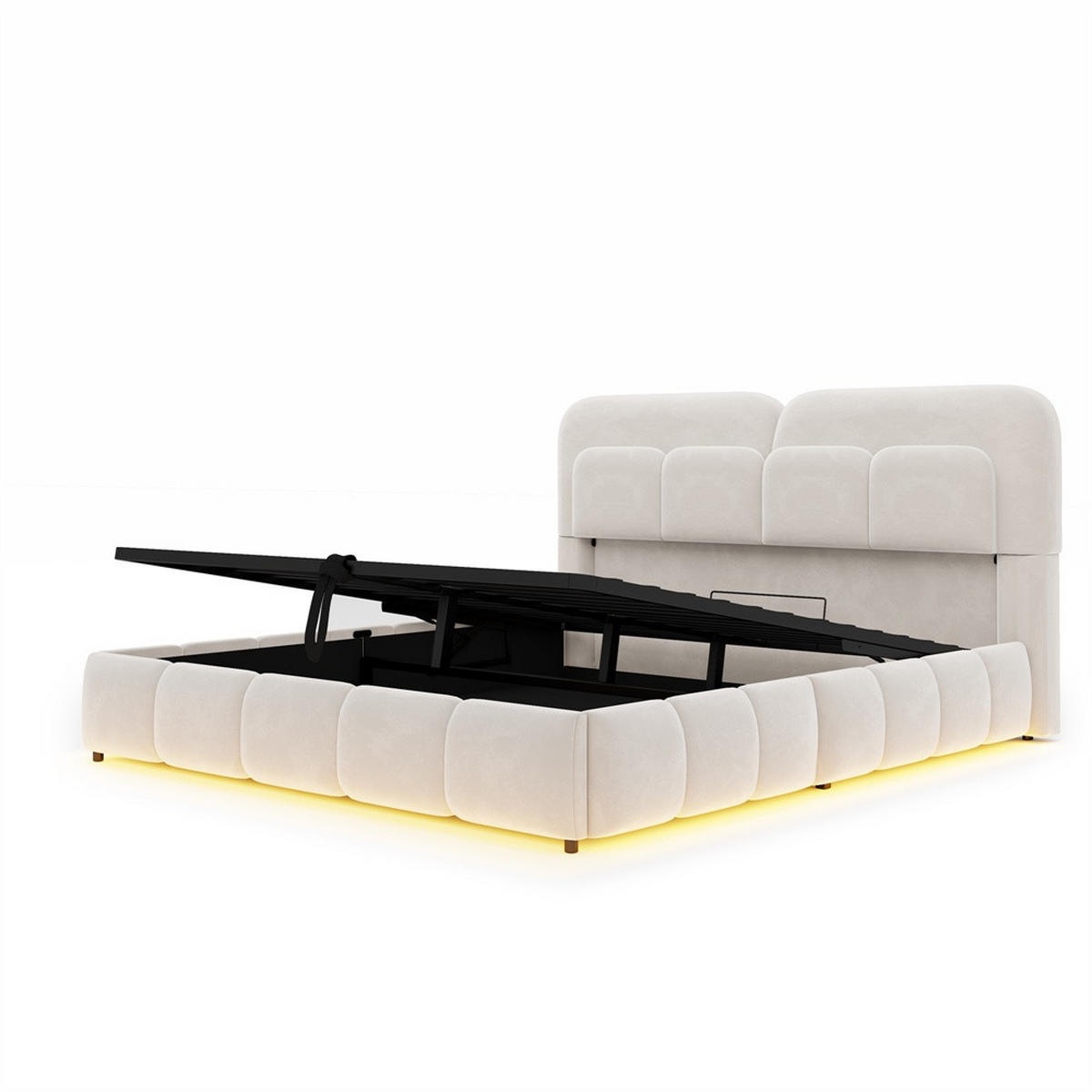 POLSTERBETT 140x200 cm mit LED Beleuchtung - hydraulischer Hebefunktion - Beige - Samt - ohne Matratze - Beige, Textil (140/200cm) - DELFA