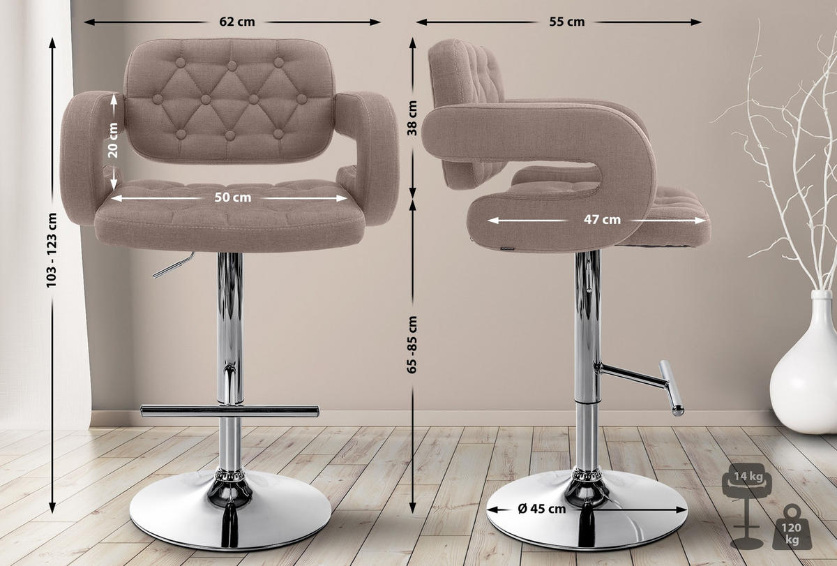 BARHOCKER 2er Set Stoff taupe - Taupe/Chromfarben, Textil/Metall (62/103/55cm) - CLP
